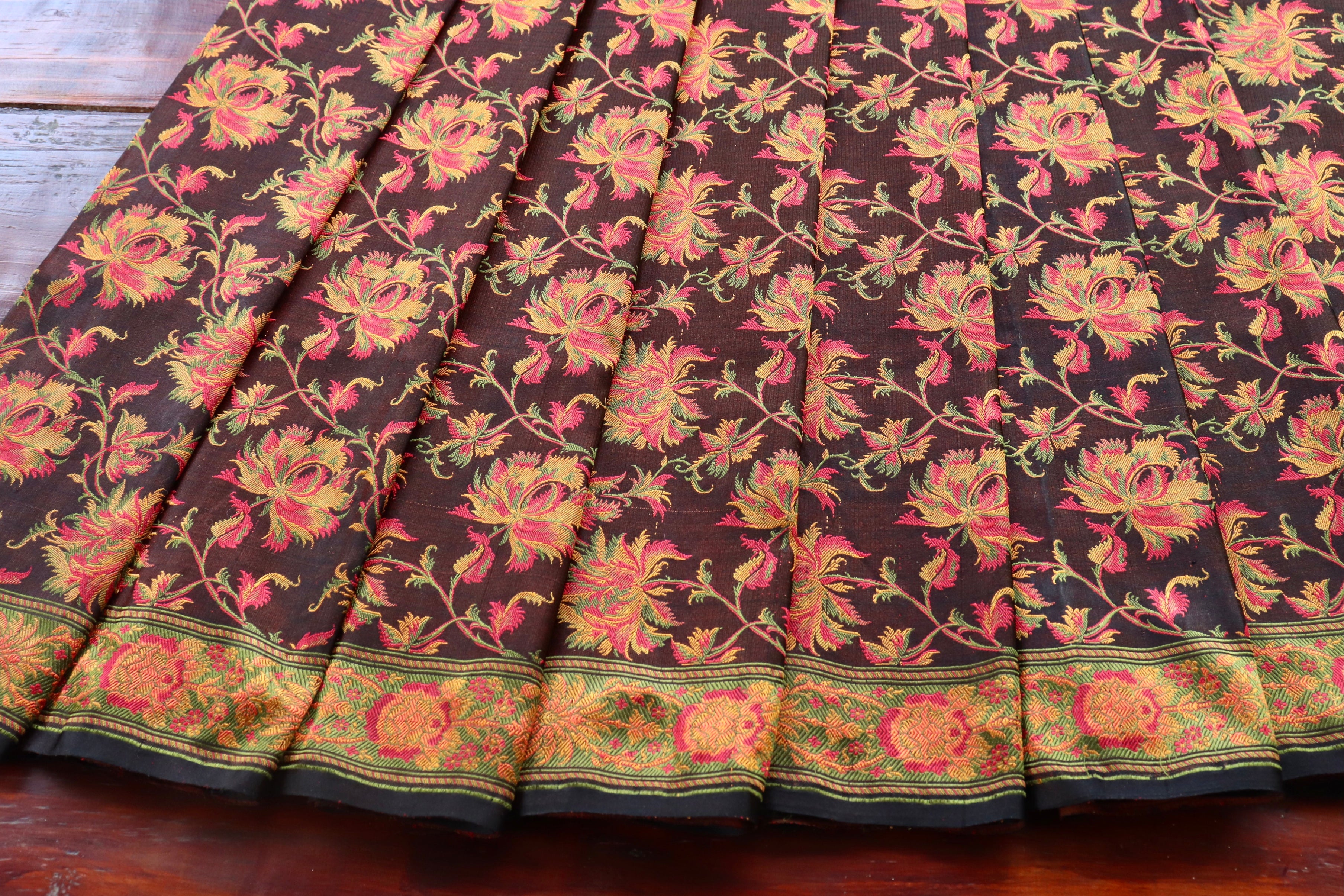 Multi Colour Brown Jamawar Tanchoi Satin Silk Saree