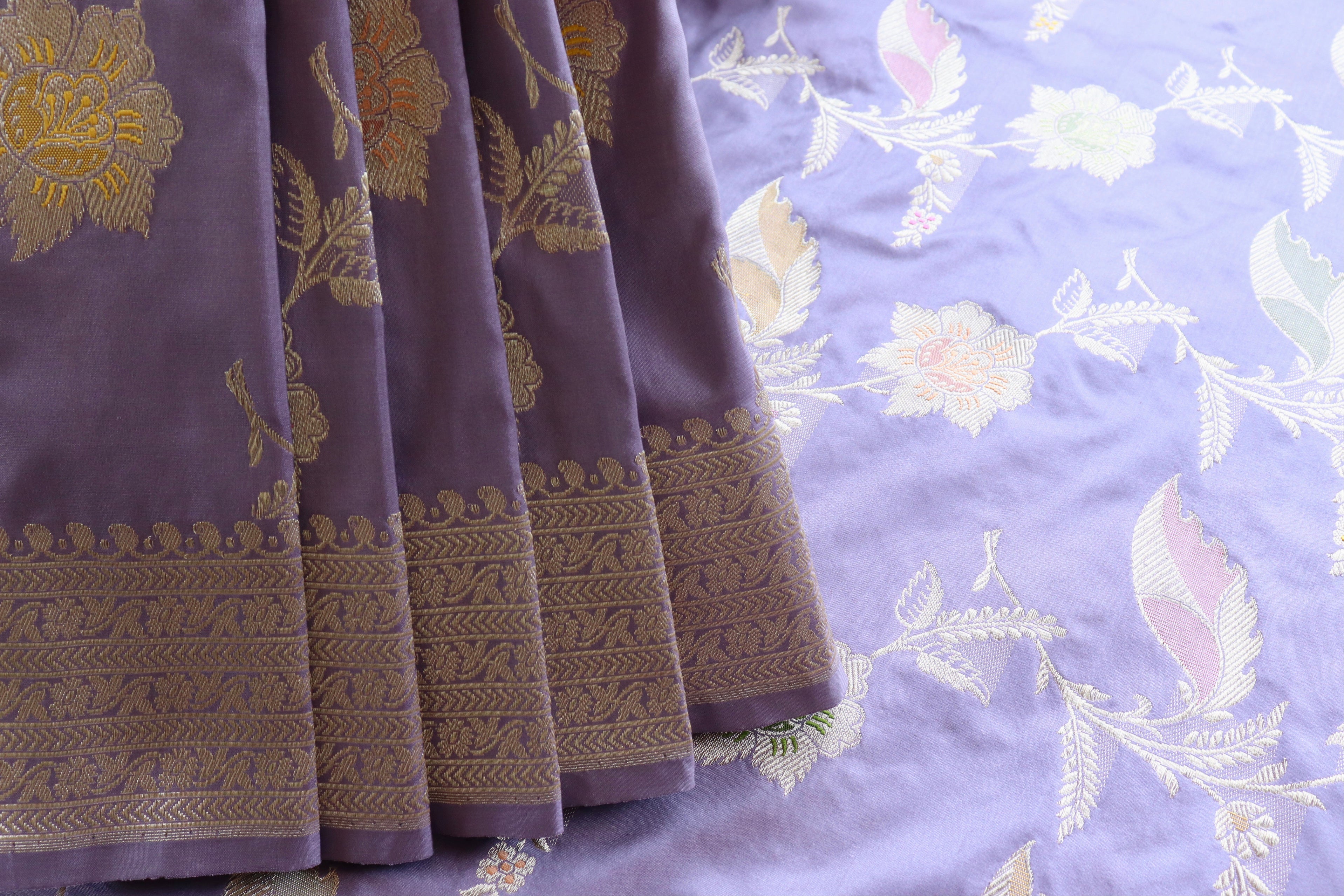 Lavender Meenadar Pure Silk Handloom Banarasi Jangla Saree