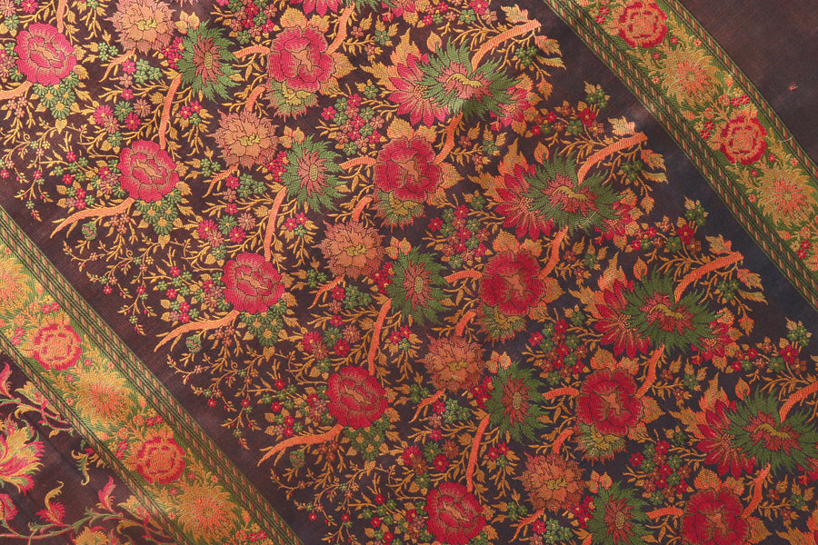 Multi Colour Brown Jamawar Tanchoi Satin Silk Saree