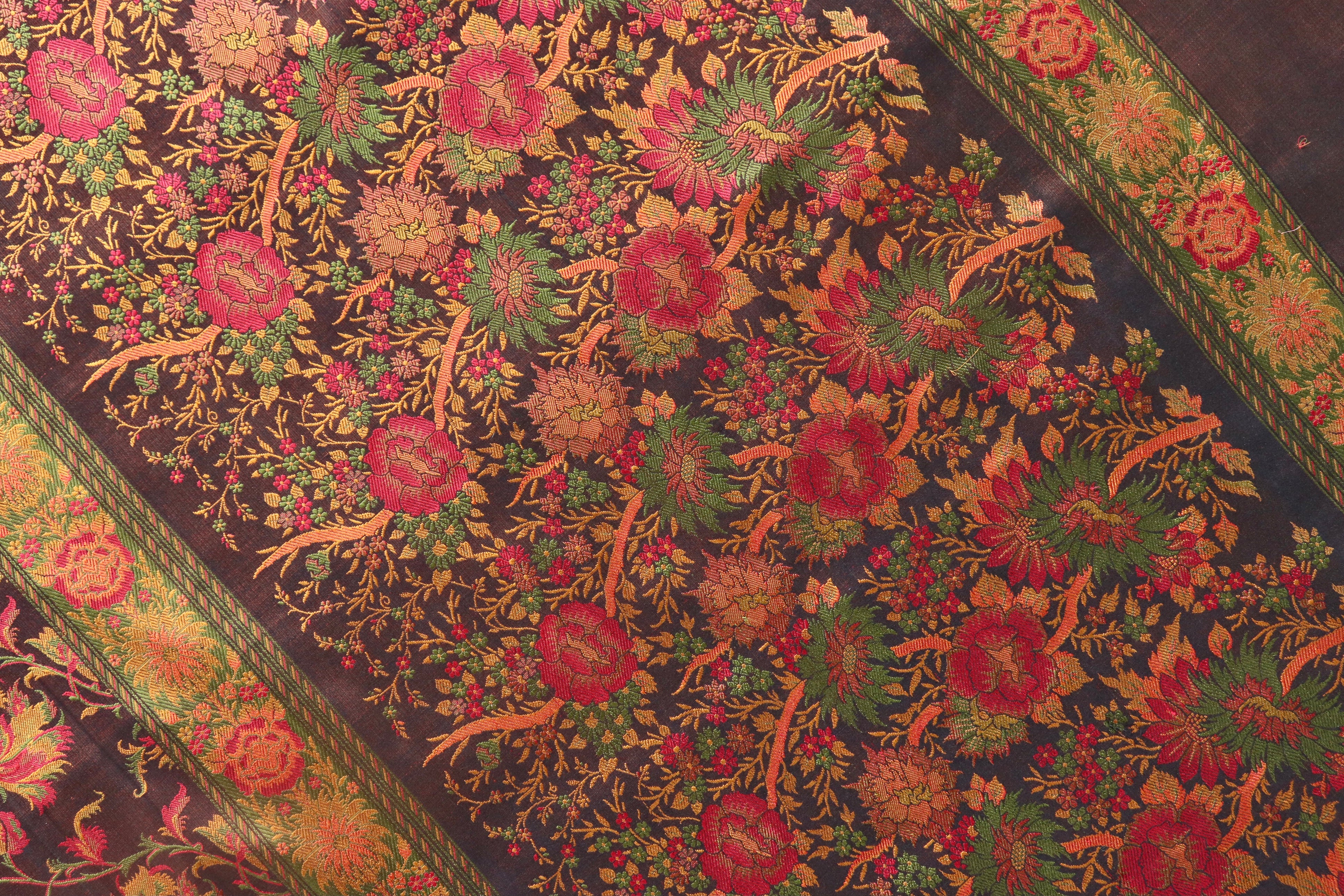 Multi Colour Brown Jamawar Tanchoi Satin Silk Saree