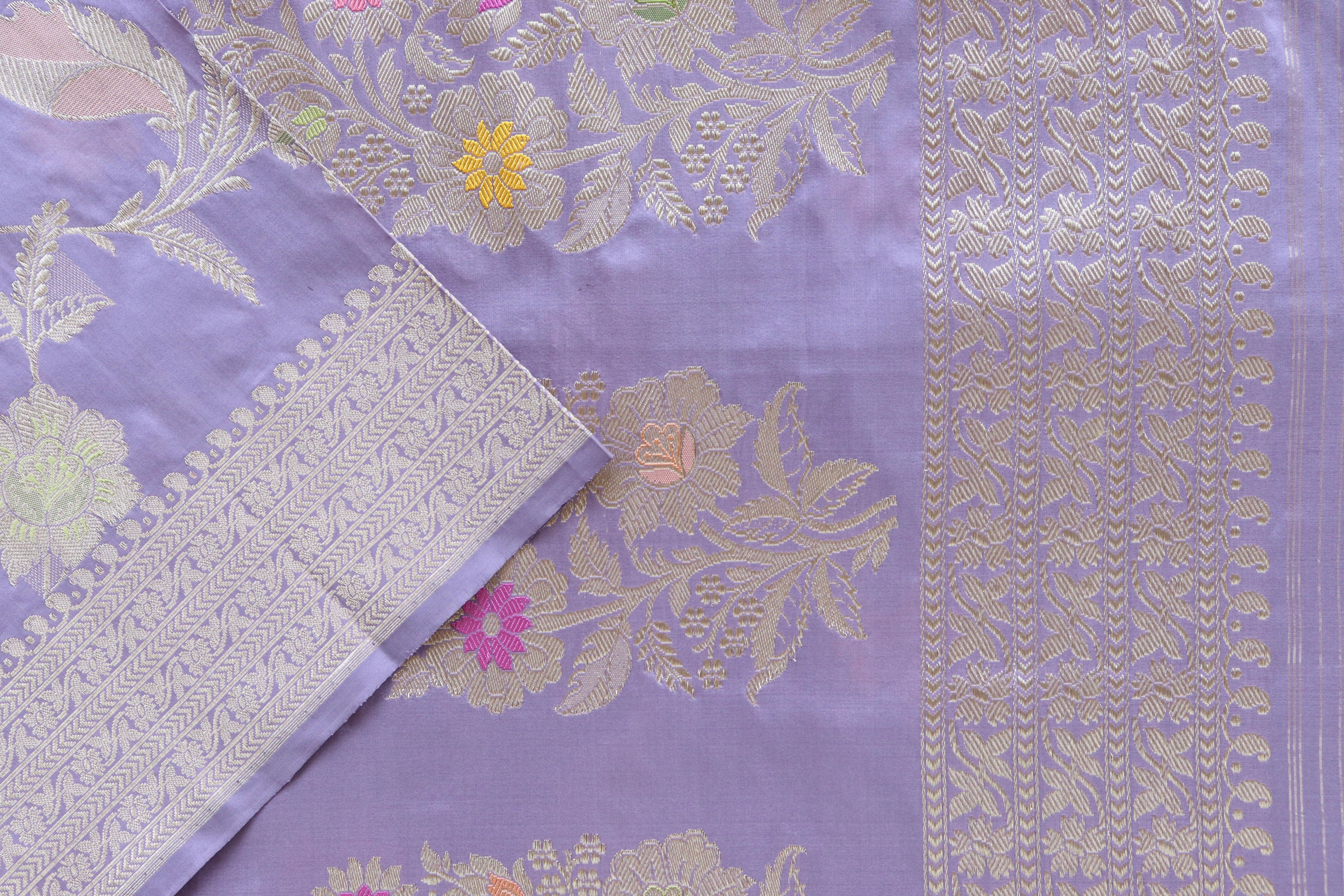 Lavender Meenadar Pure Silk Handloom Banarasi Jangla Saree