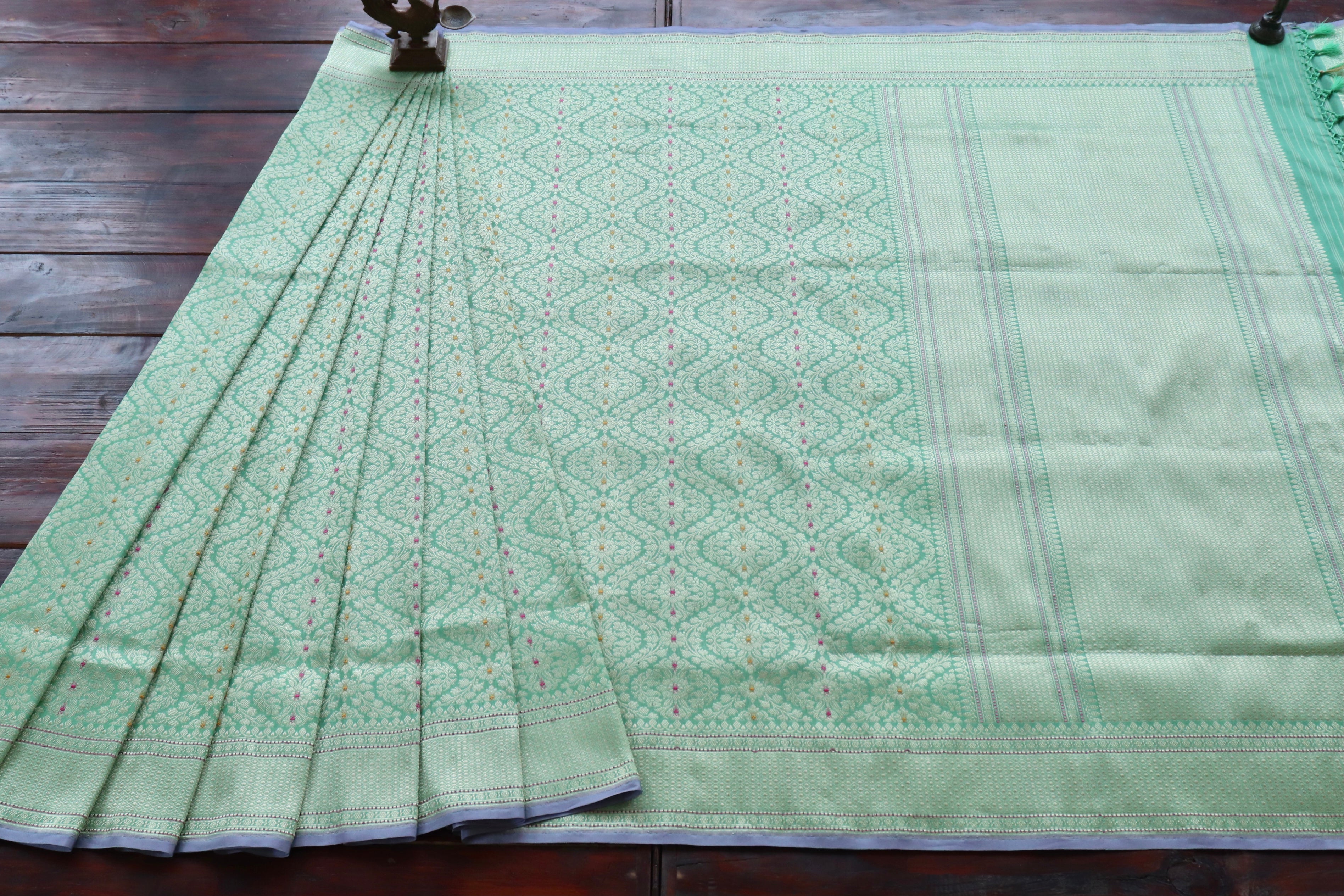 Mint Green Meenadar Tanchoi Pure Silk Handloom Banarasi Saree