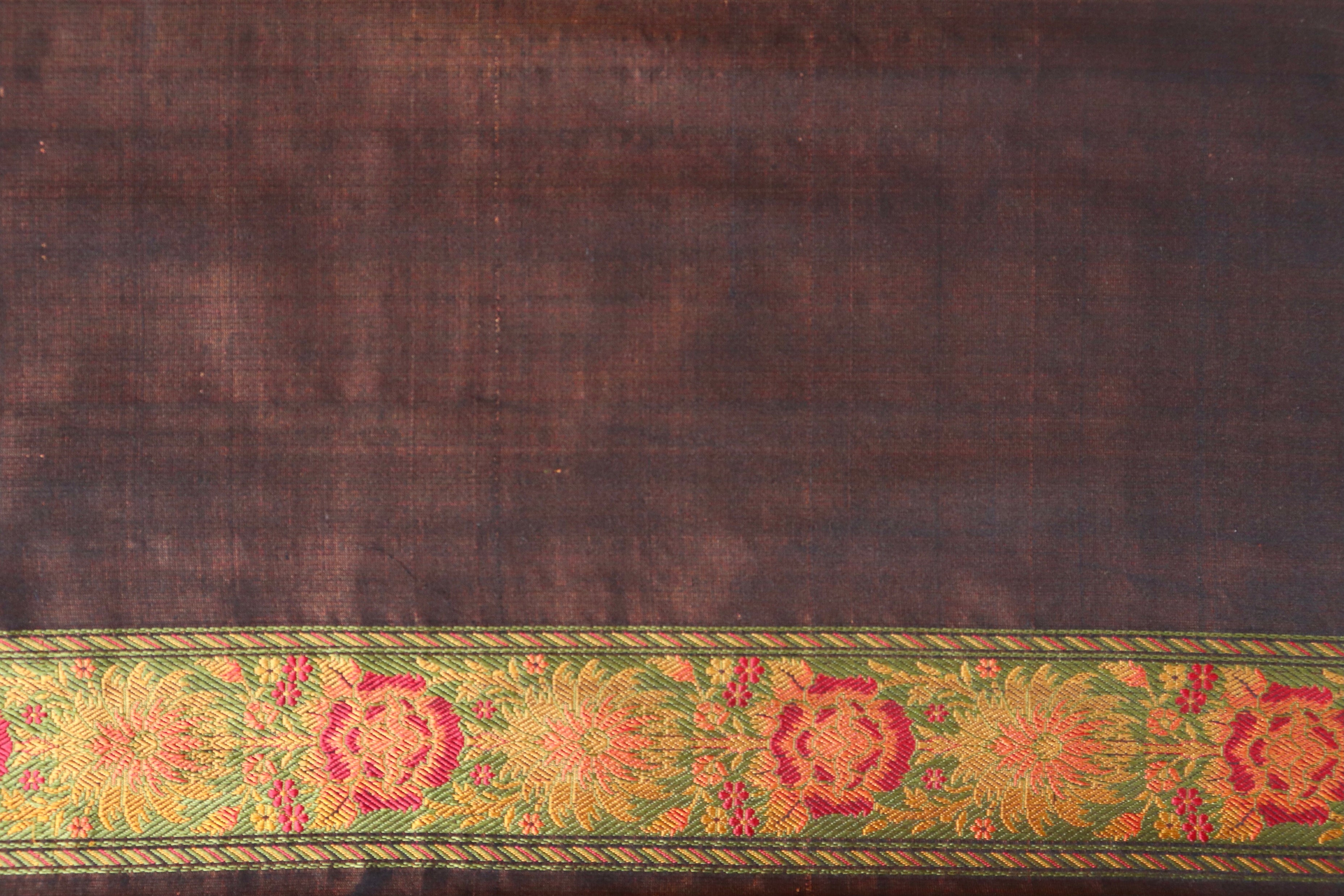 Multi Colour Brown Jamawar Tanchoi Satin Silk Saree