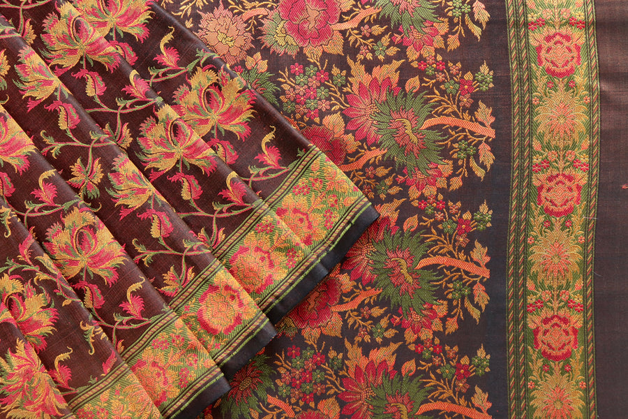 Multi Colour Brown Jamawar Tanchoi Satin Silk Saree