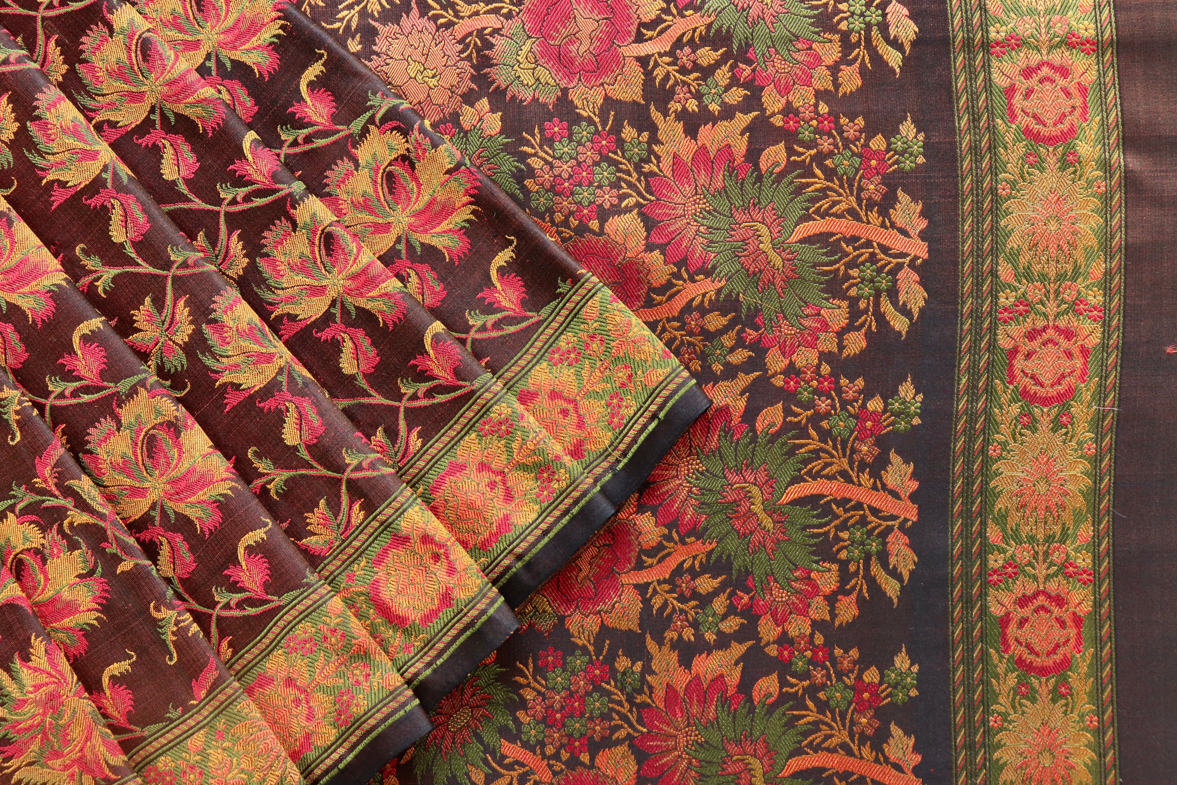 Multi Colour Brown Jamawar Tanchoi Satin Silk Saree