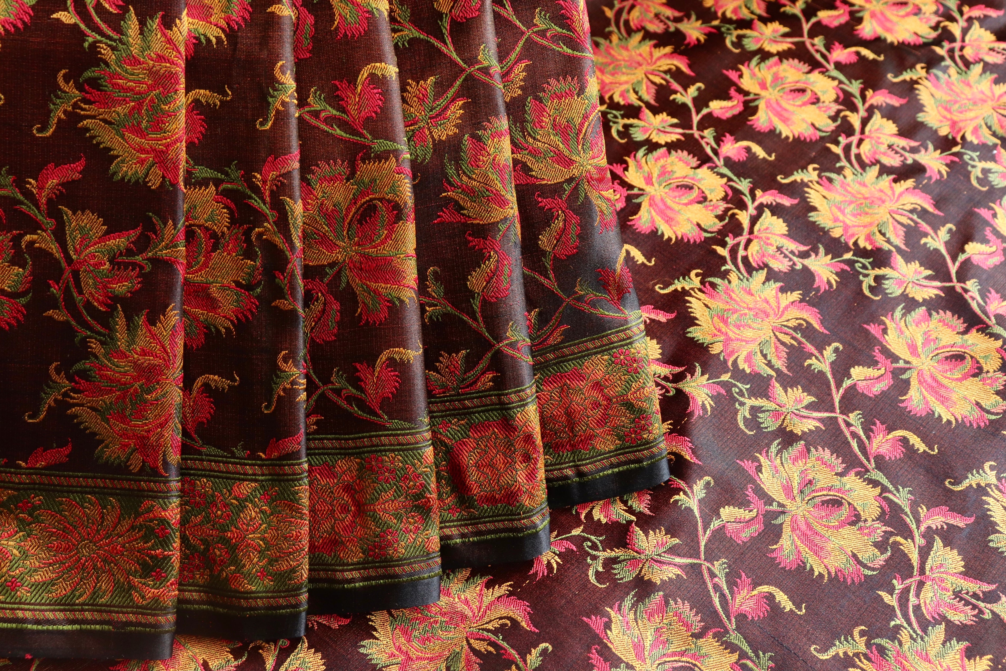 Multi Colour Brown Jamawar Tanchoi Satin Silk Saree