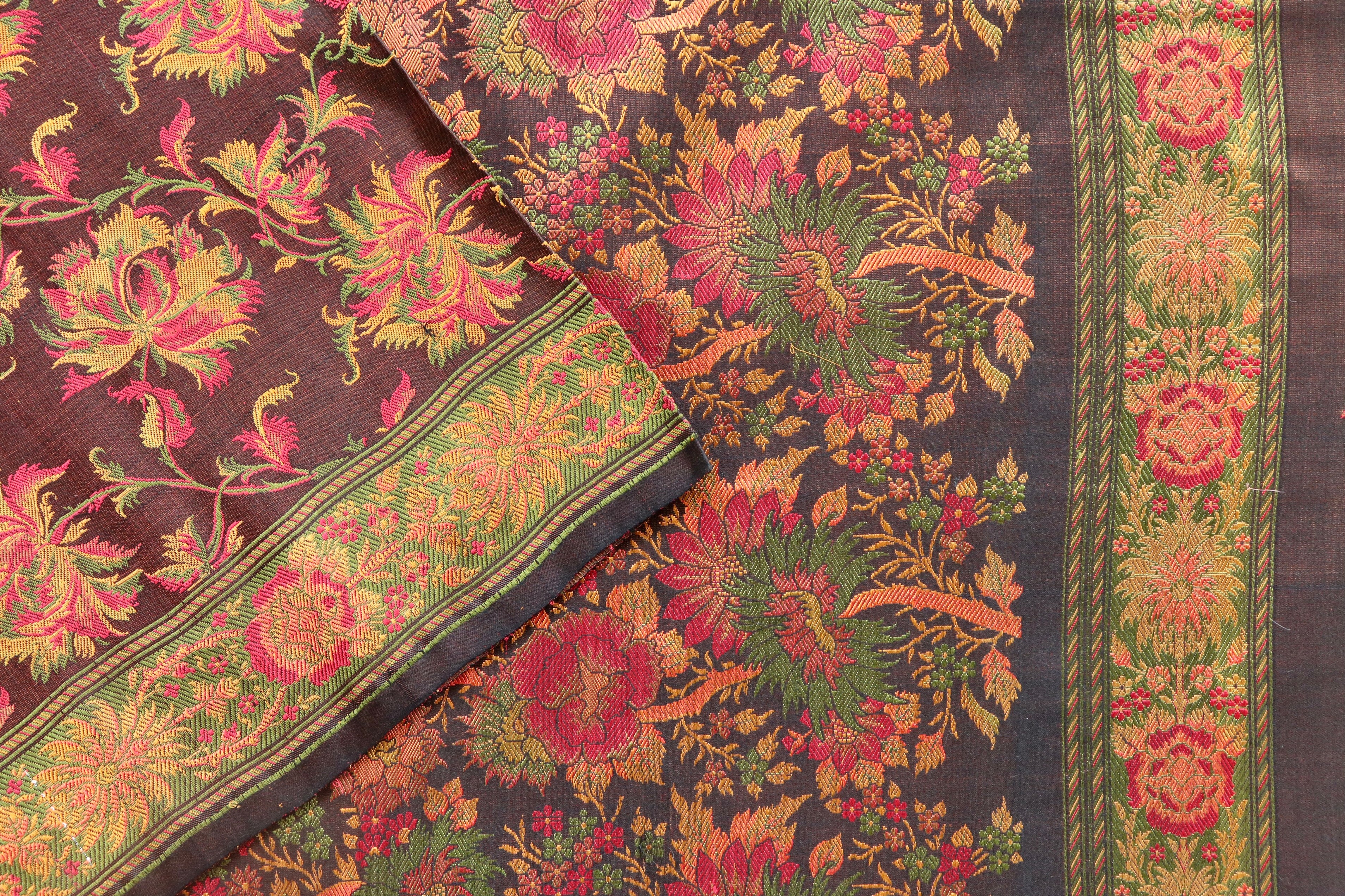 Multi Colour Brown Jamawar Tanchoi Satin Silk Saree