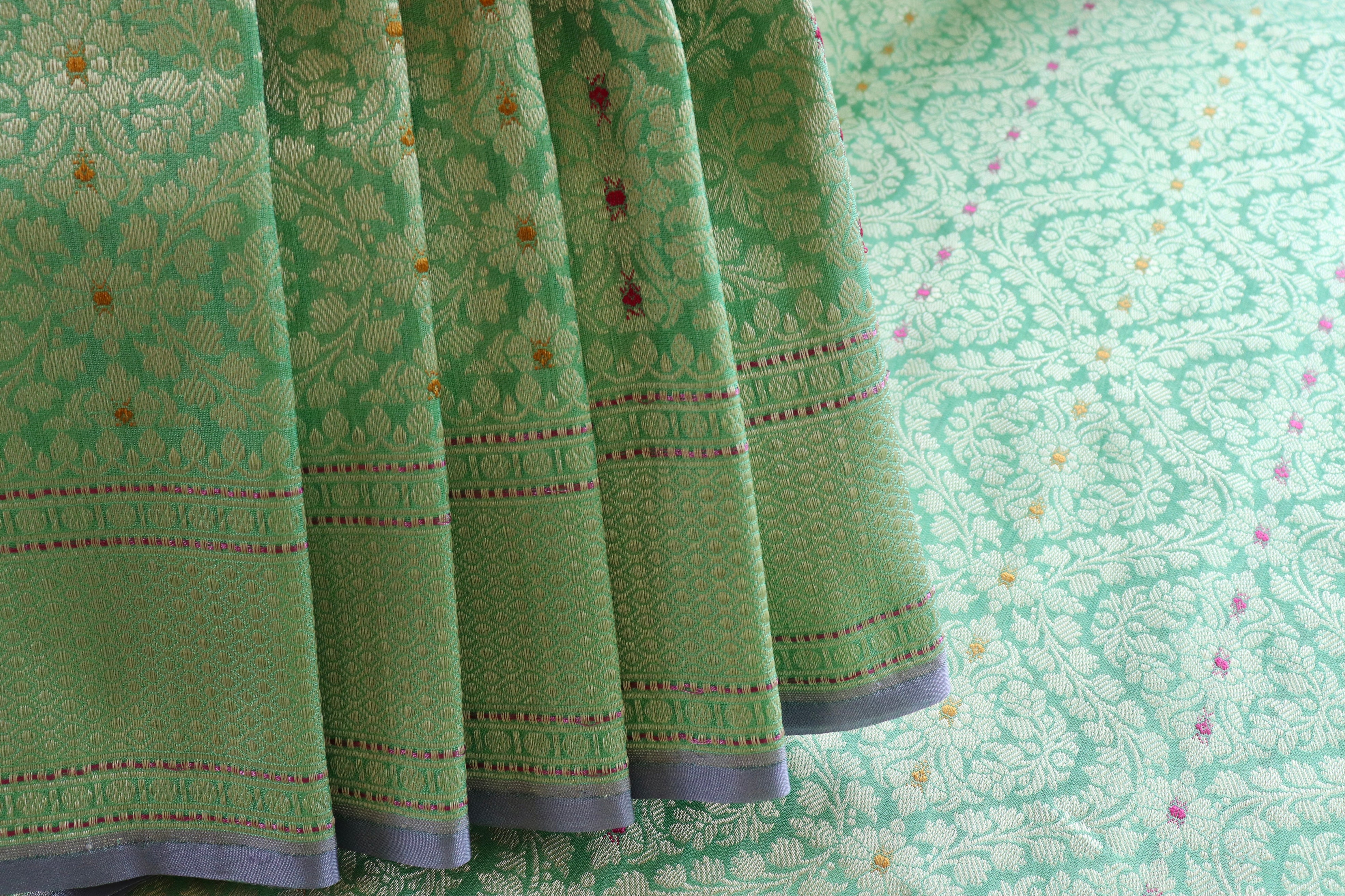 Mint Green Meenadar Tanchoi Pure Silk Handloom Banarasi Saree