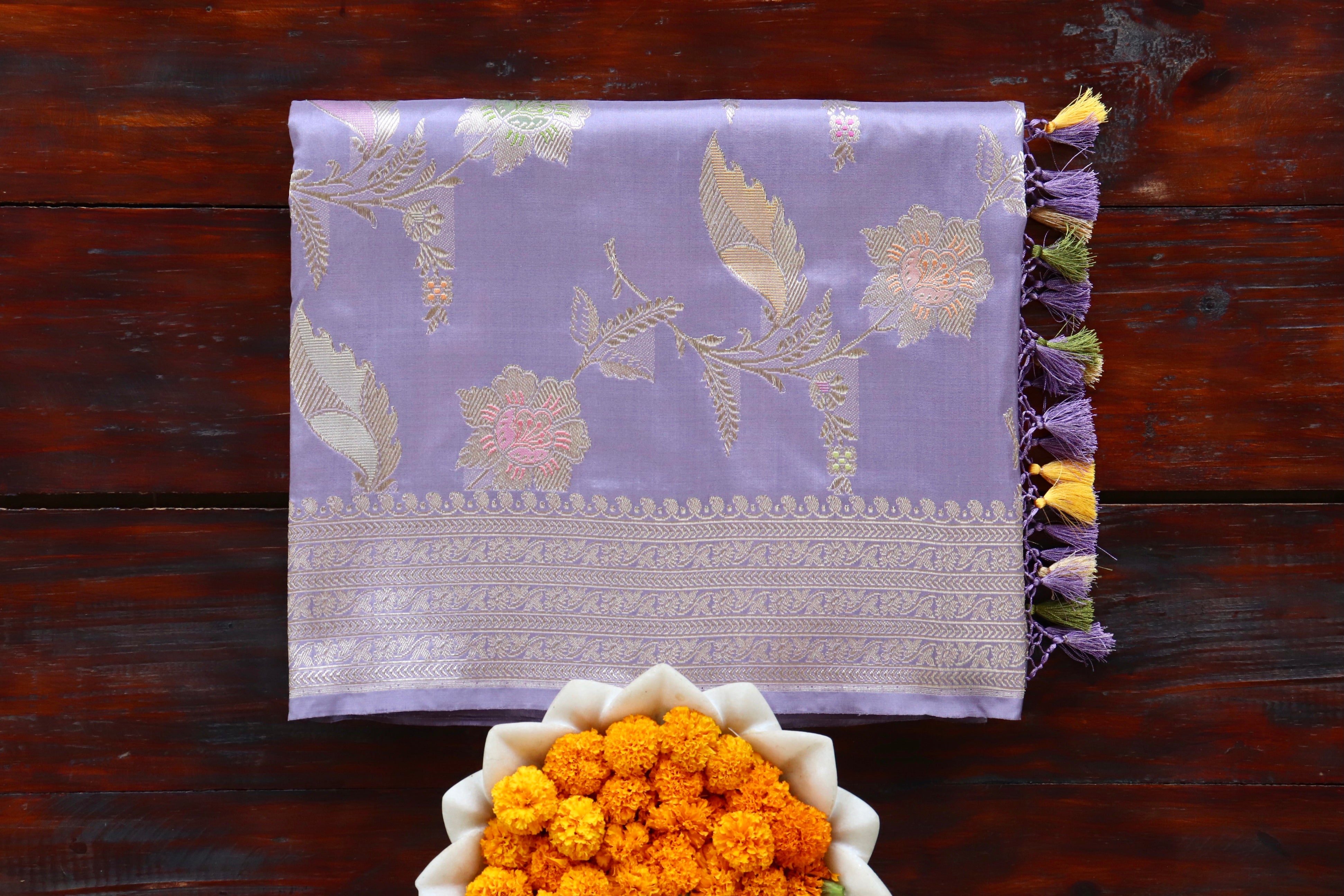 Lavender Meenadar Pure Silk Handloom Banarasi Jangla Saree