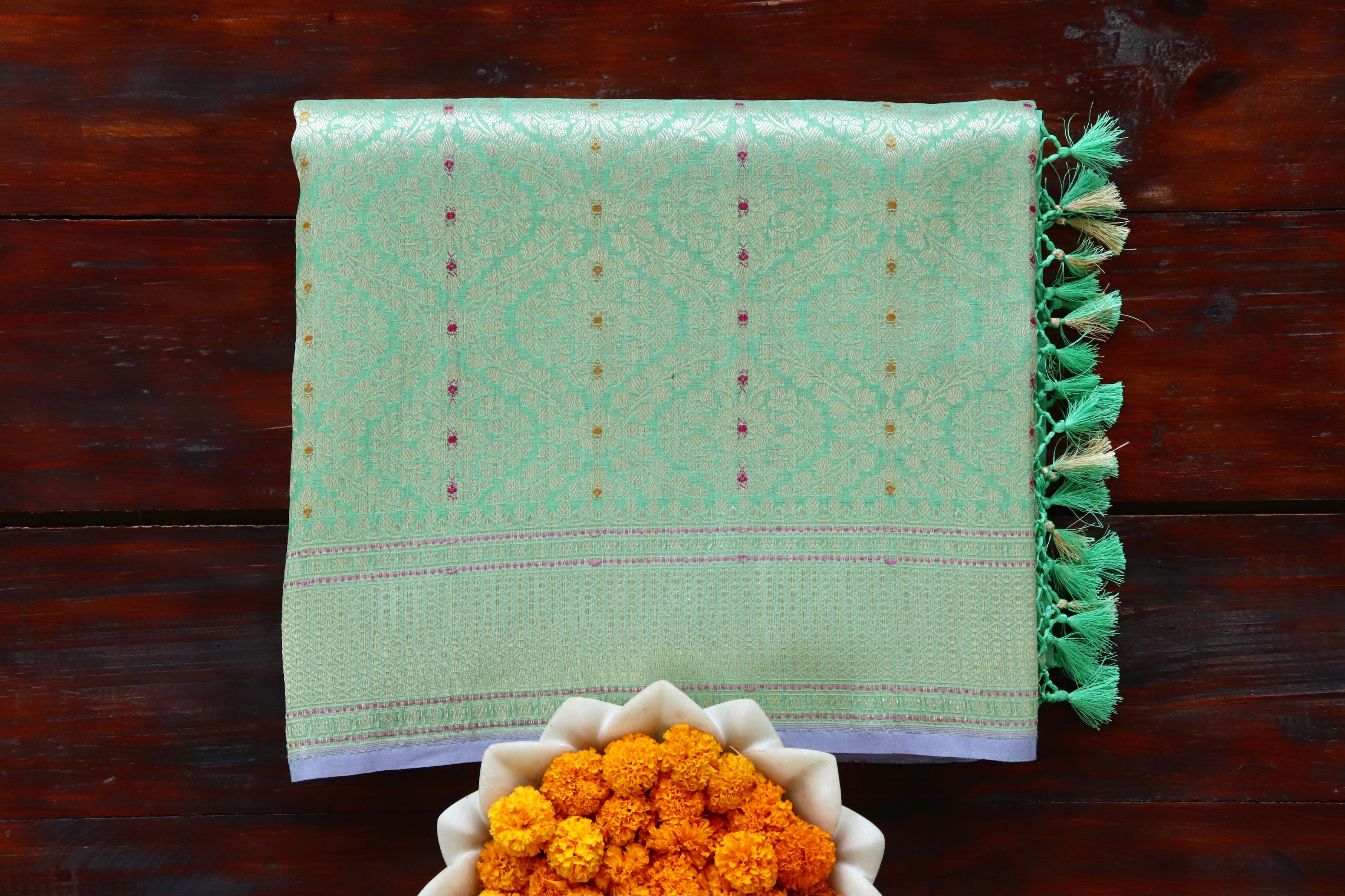 Mint Green Meenadar Tanchoi Pure Silk Handloom Banarasi Saree