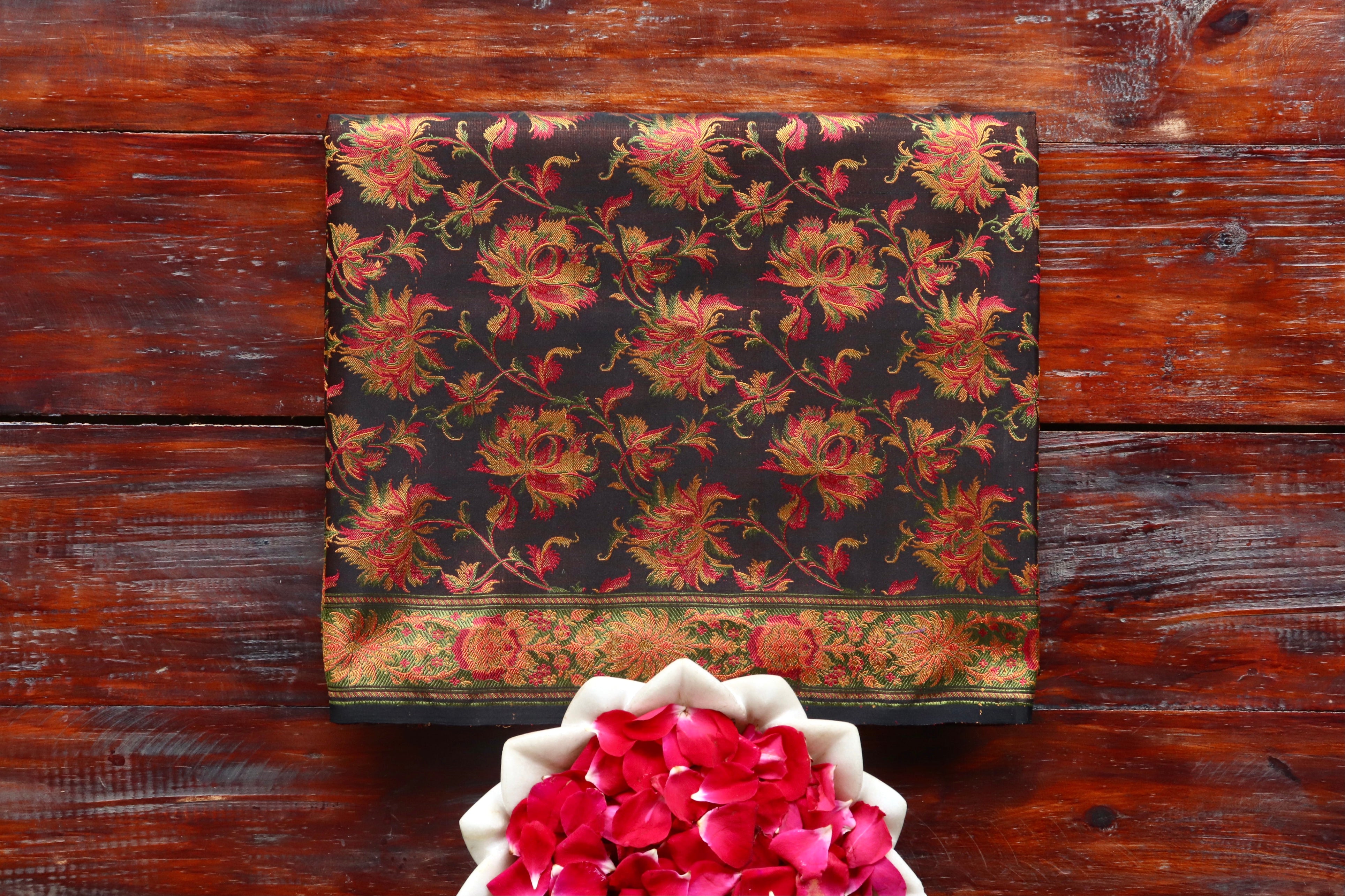 Multi Colour Brown Jamawar Tanchoi Satin Silk Saree