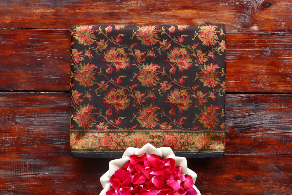 Multi Colour Brown Jamawar Tanchoi Satin Silk Saree | Stuti Weaves
