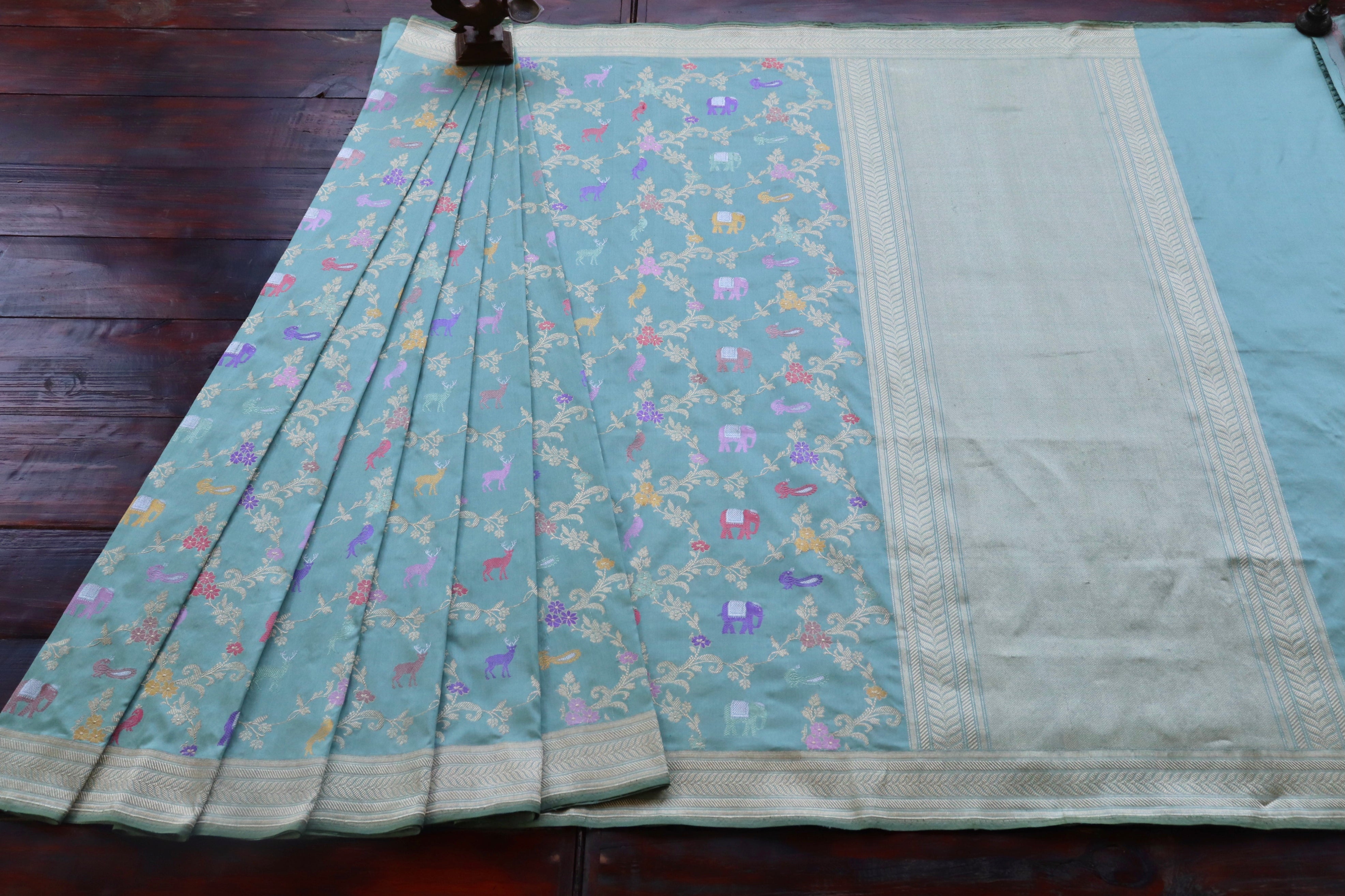 Sky Blue Kadhua Shikargah Pure Silk Handloom Banarasi Saree