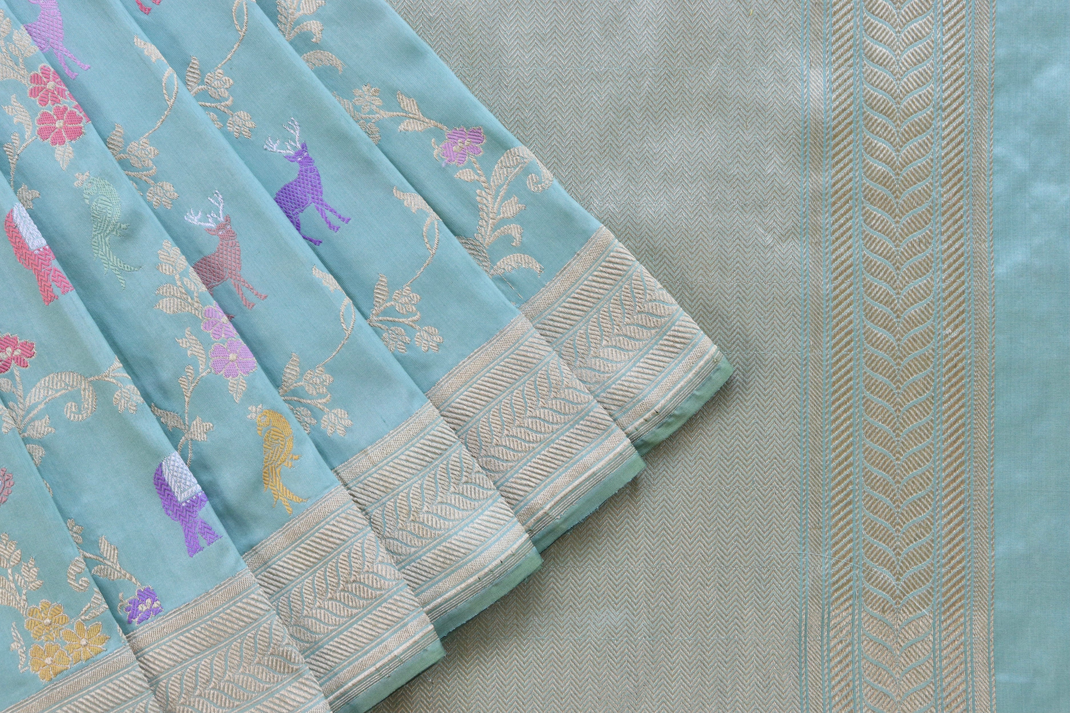 Sky Blue Kadhua Shikargah Pure Silk Handloom Banarasi Saree