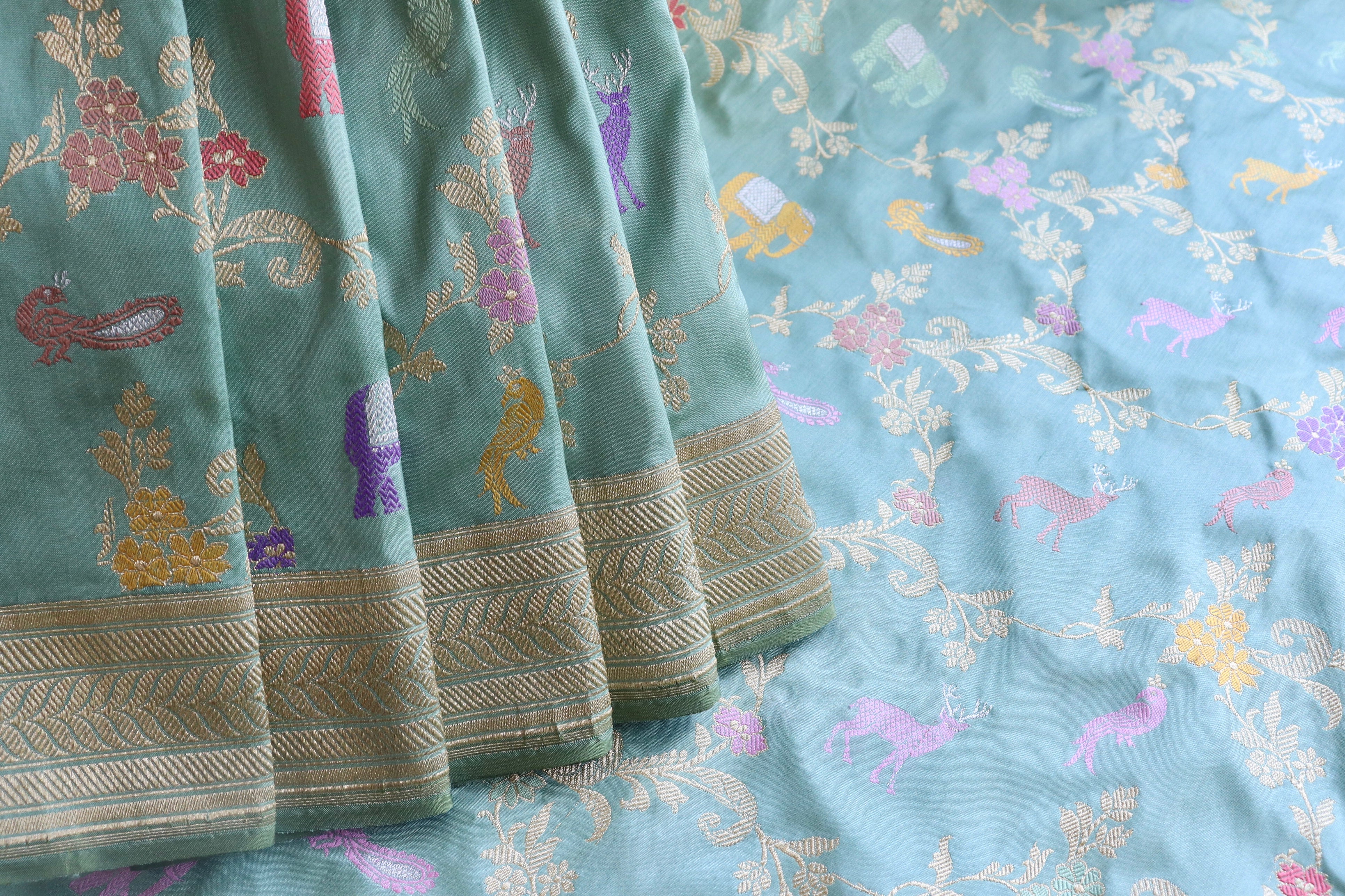 Sky Blue Kadhua Shikargah Pure Silk Handloom Banarasi Saree