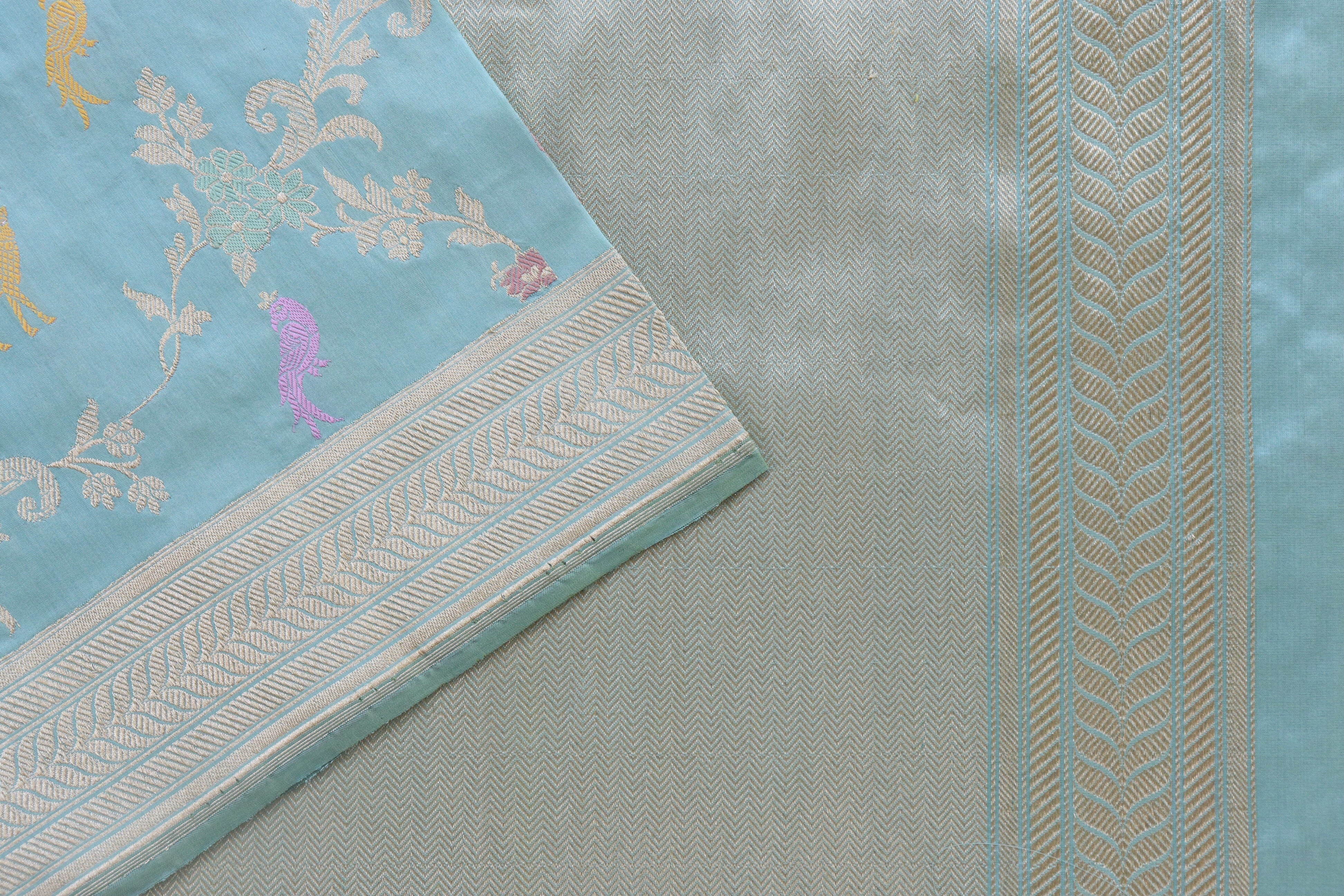 Sky Blue Kadhua Shikargah Pure Silk Handloom Banarasi Saree