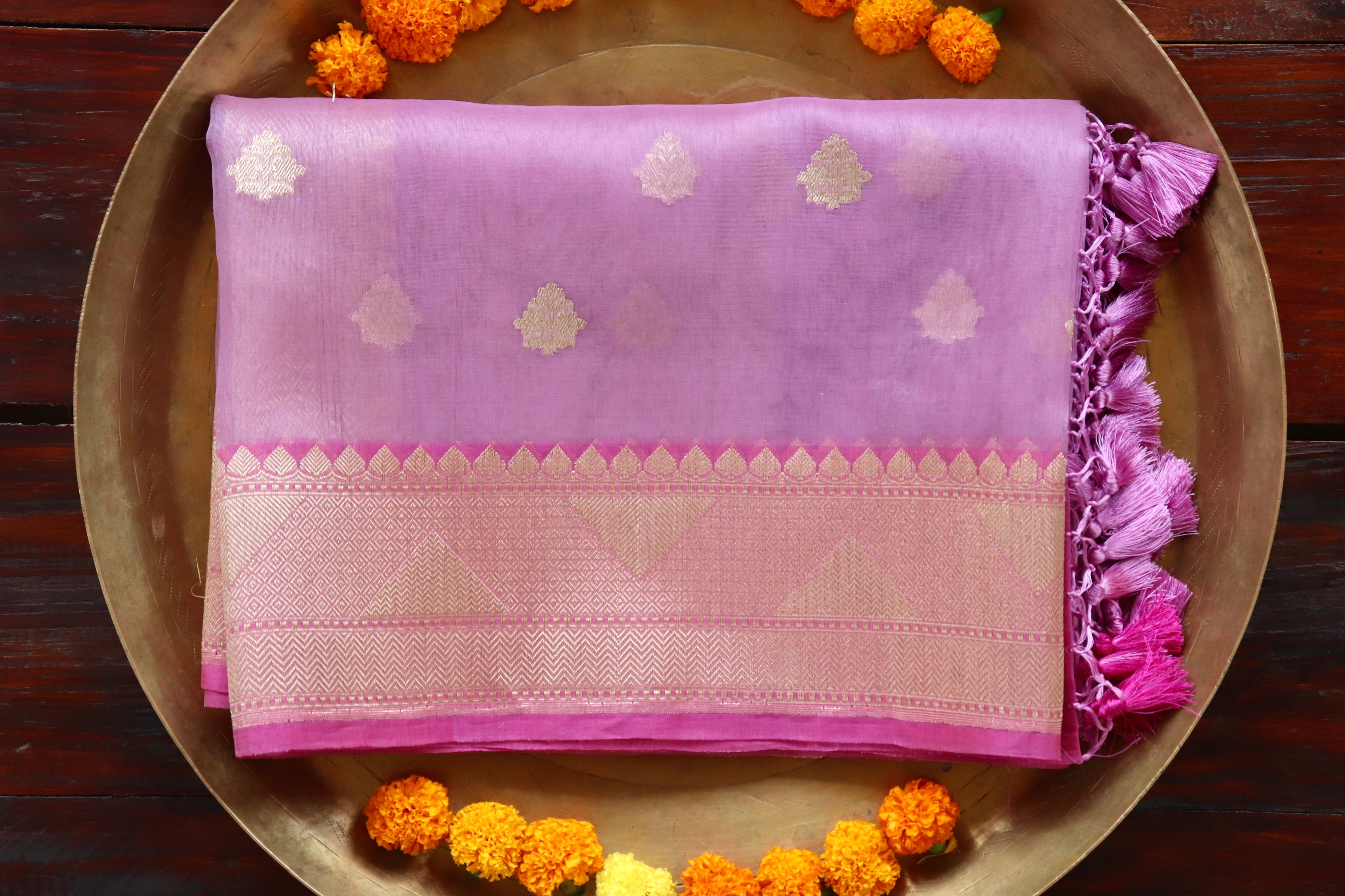 Lilac Leaf Motif Pure Kora Silk Handloom Banarasi Dupatta