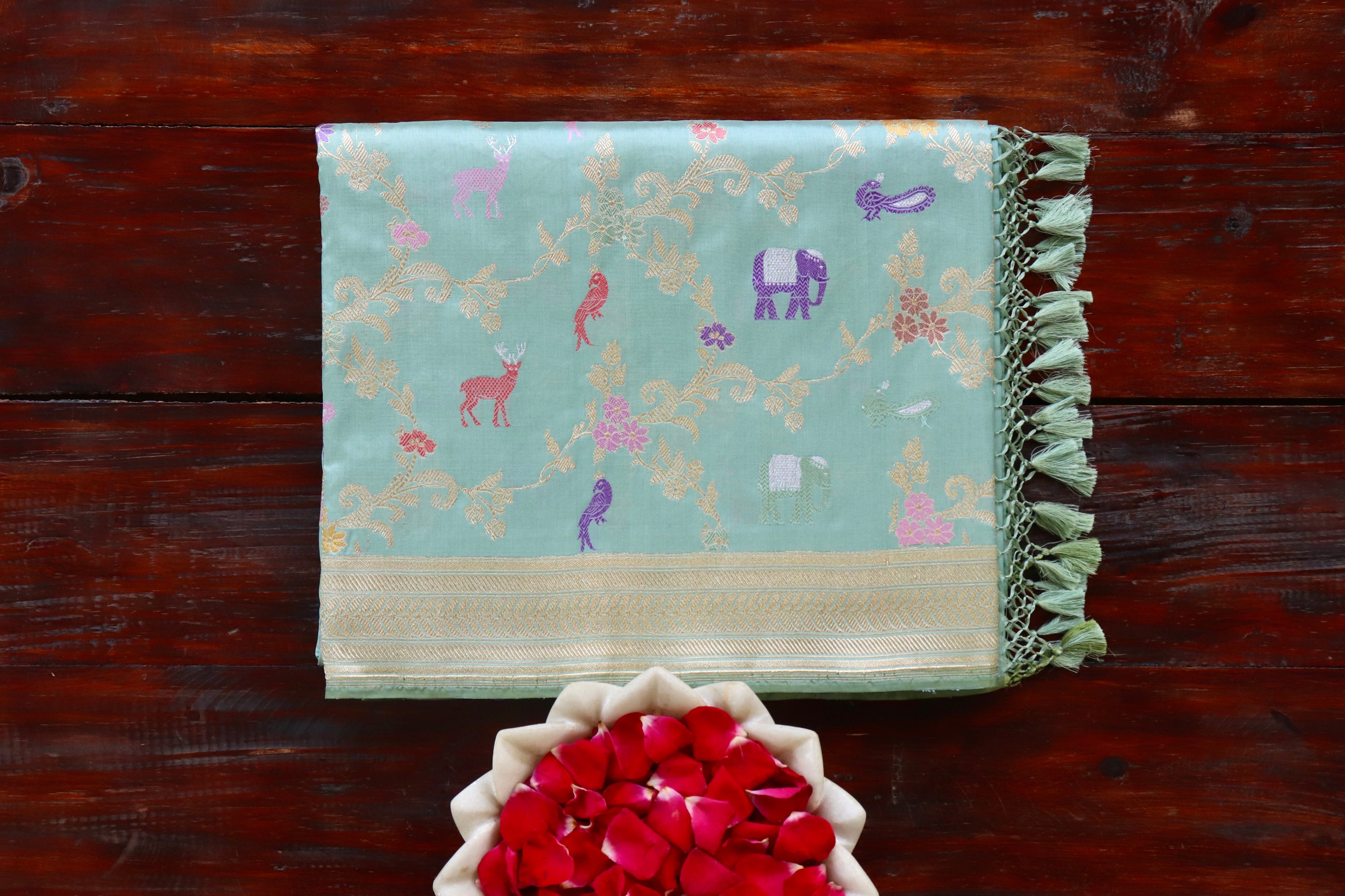 Sky Blue Kadhua Shikargah Pure Silk Handloom Banarasi Saree