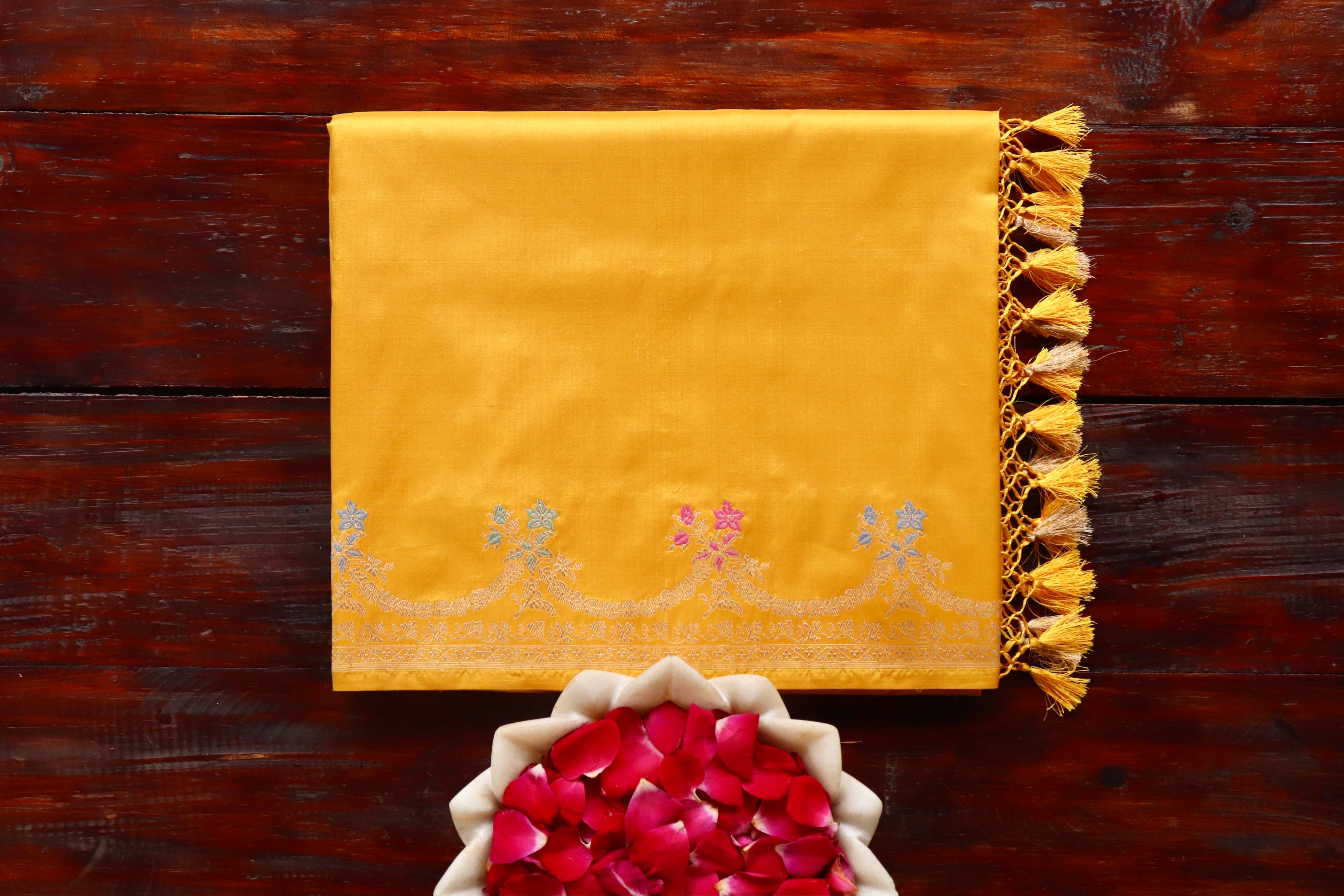Yellow Meenadar Pure Silk Handloom Banarasi Saree
