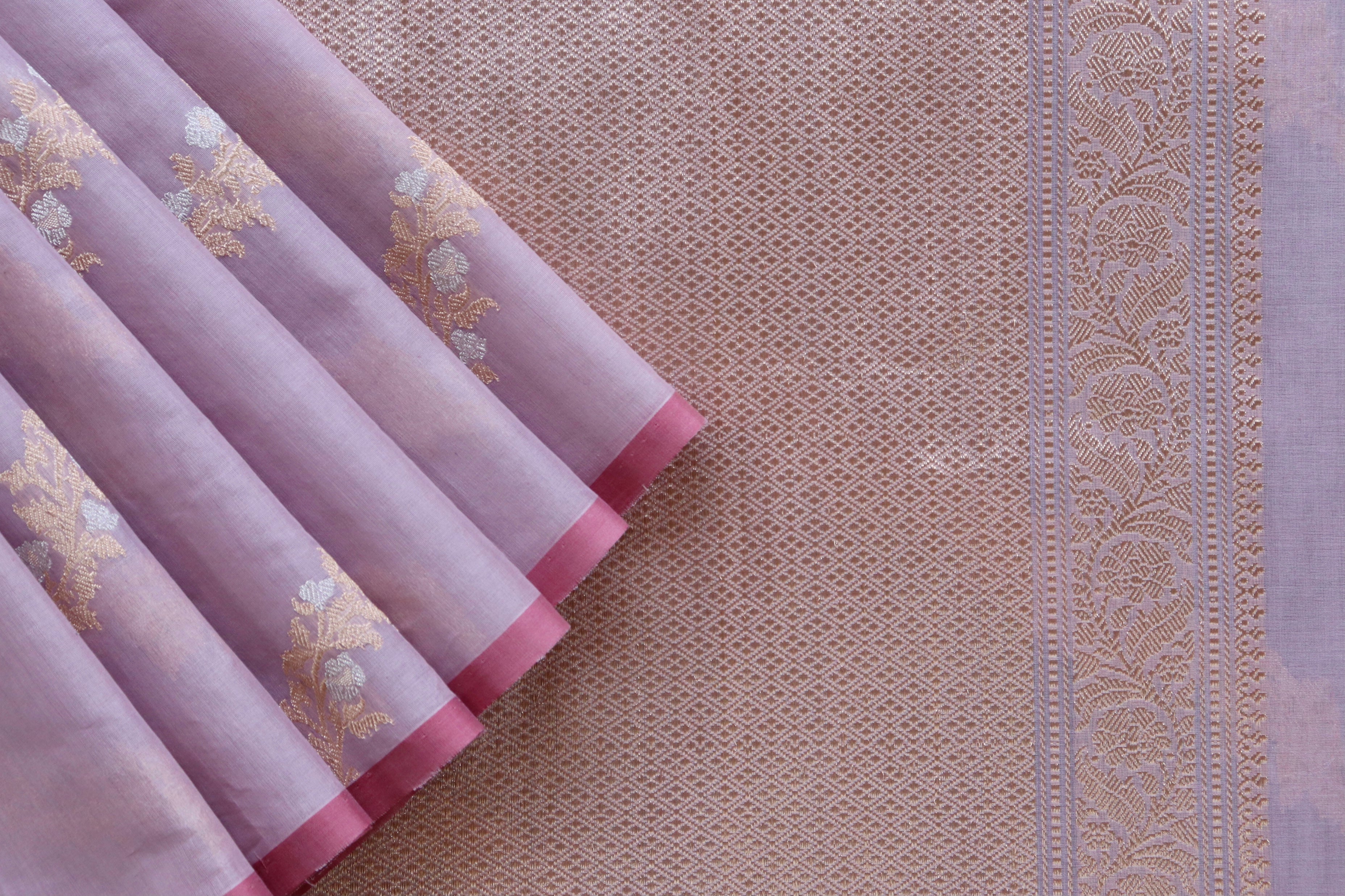 Lilac Aada Jangla Pure Katan Silk Banarasi Saree