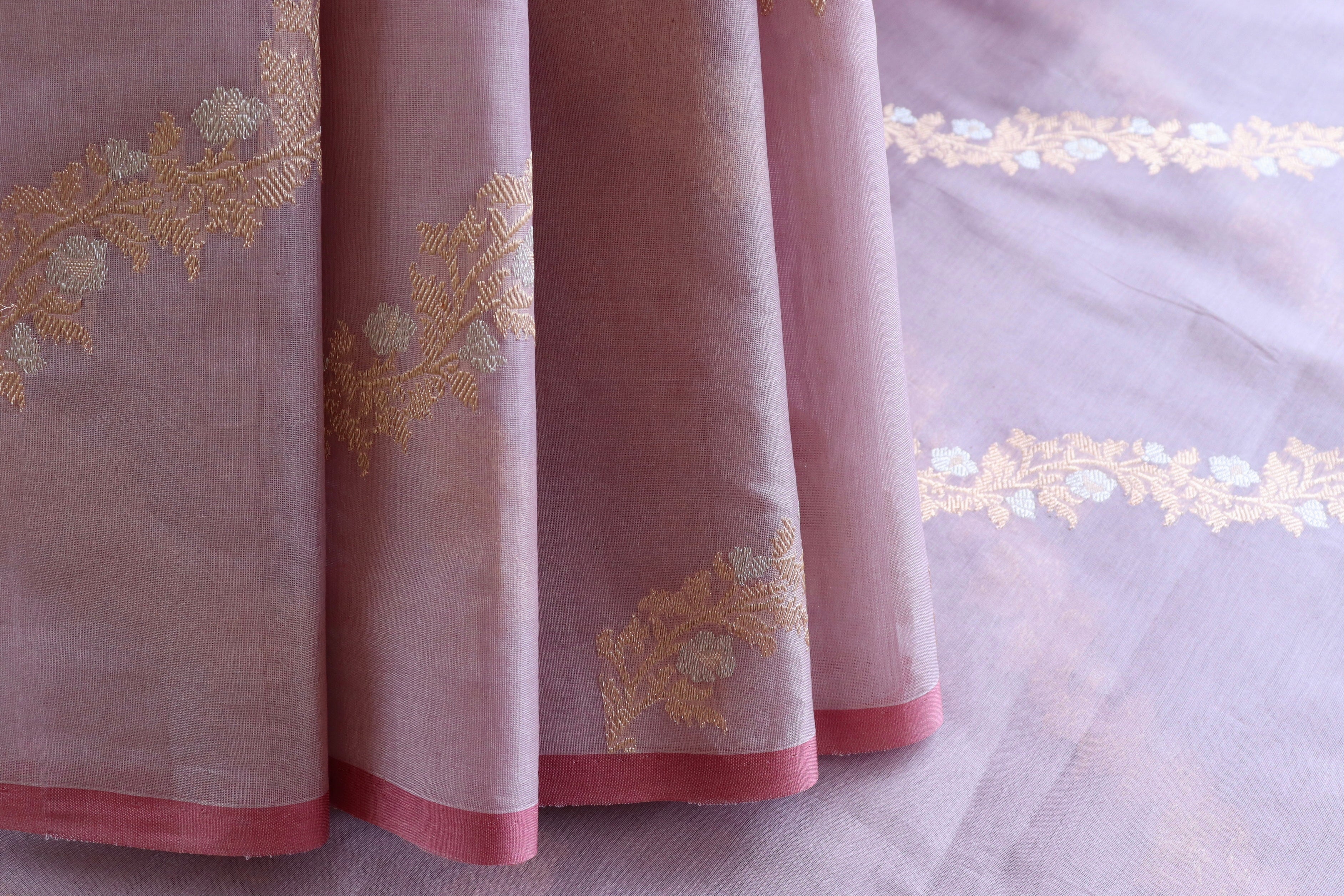 Lilac Aada Jangla Pure Katan Silk Banarasi Saree