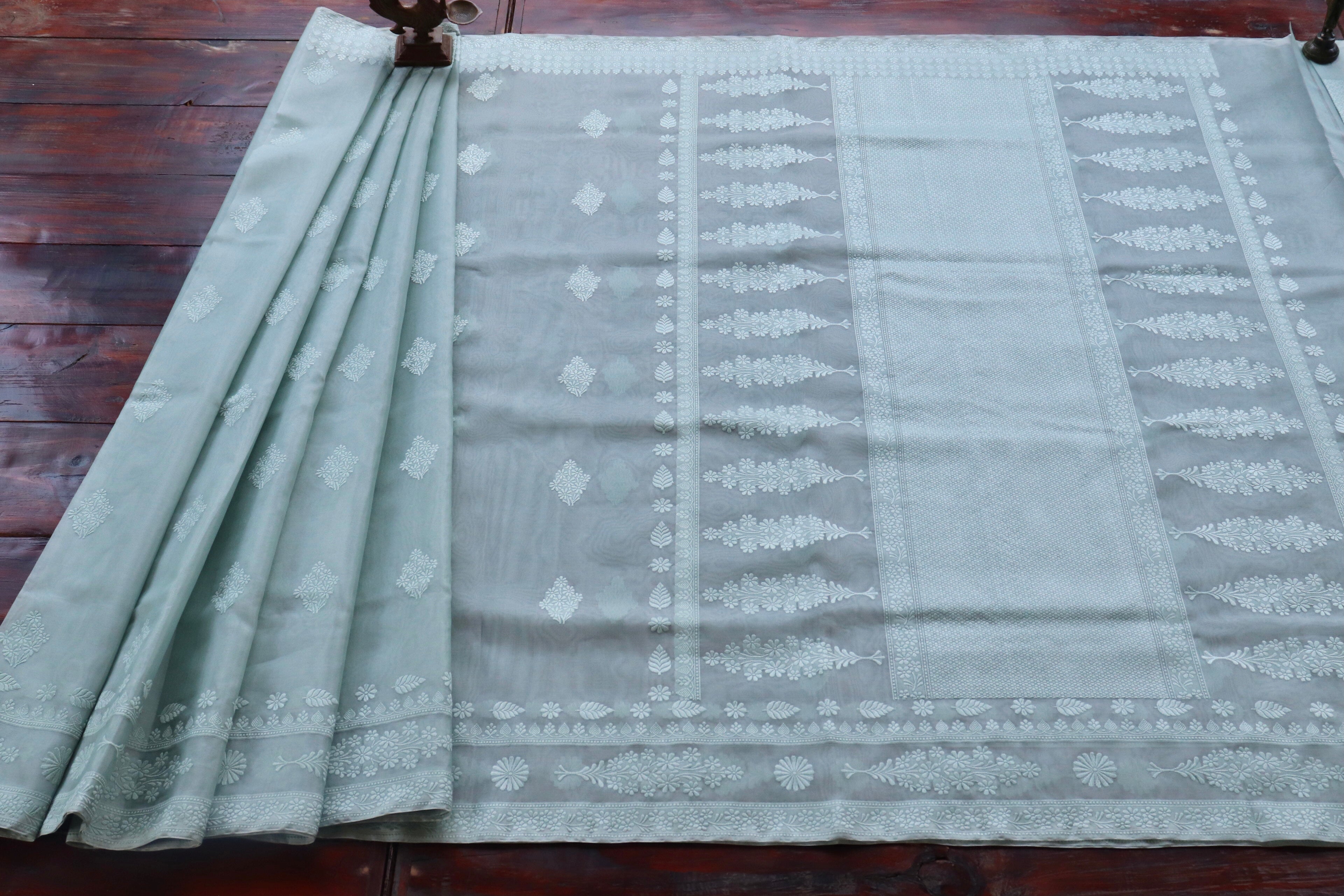 Sky Blue Resham Kadhua Pure Kora Silk Handloom Saree