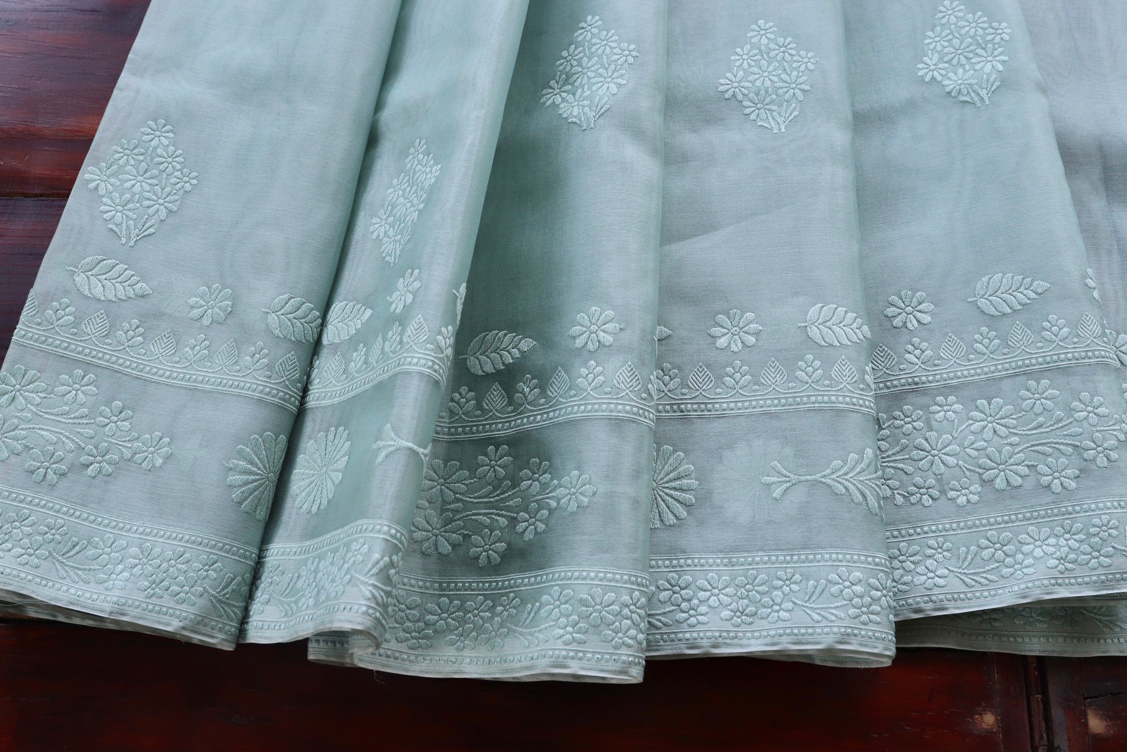 Sky Blue Resham Kadhua Pure Kora Silk Handloom Saree