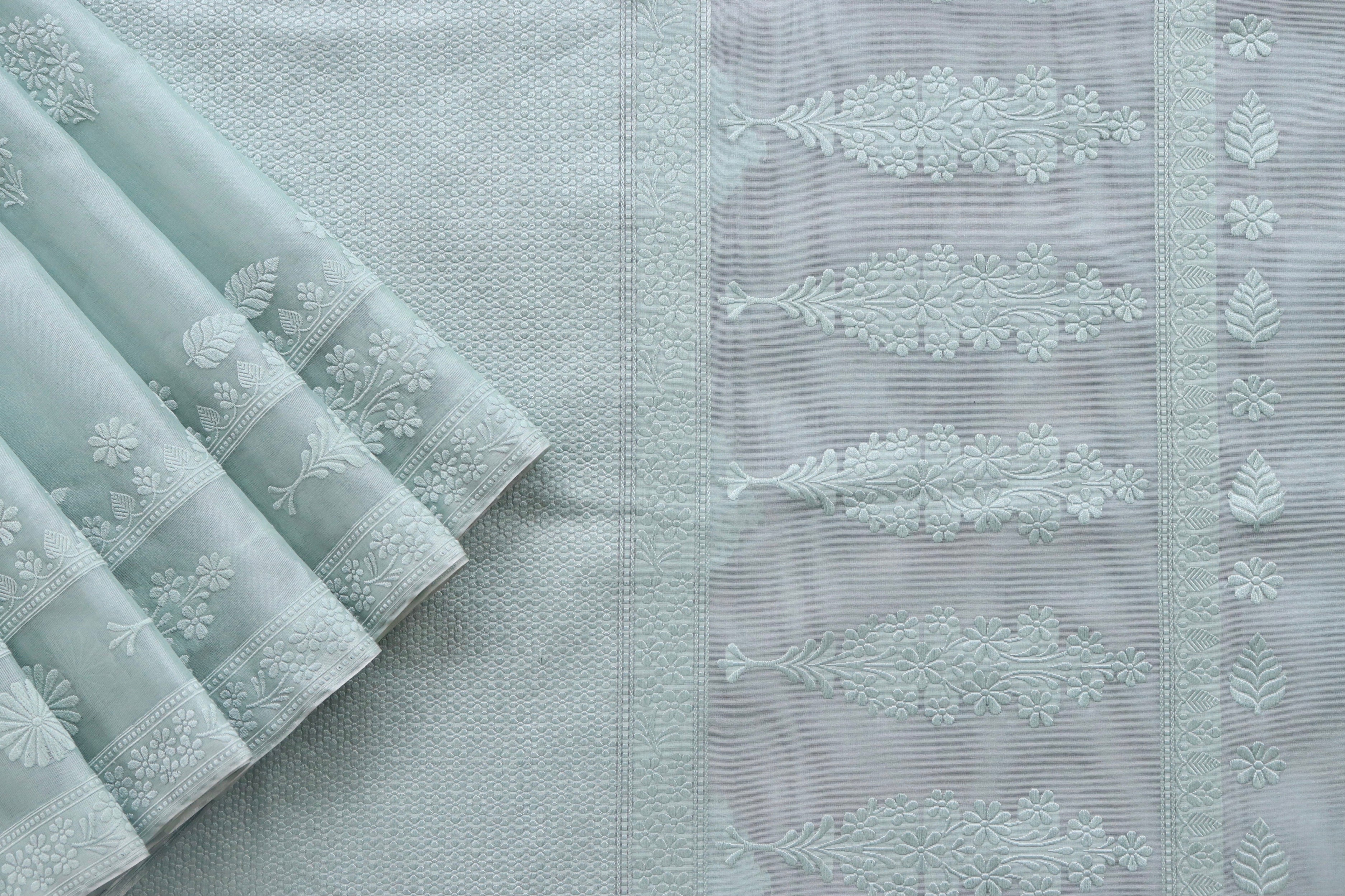 Sky Blue Resham Kadhua Pure Kora Silk Handloom Saree