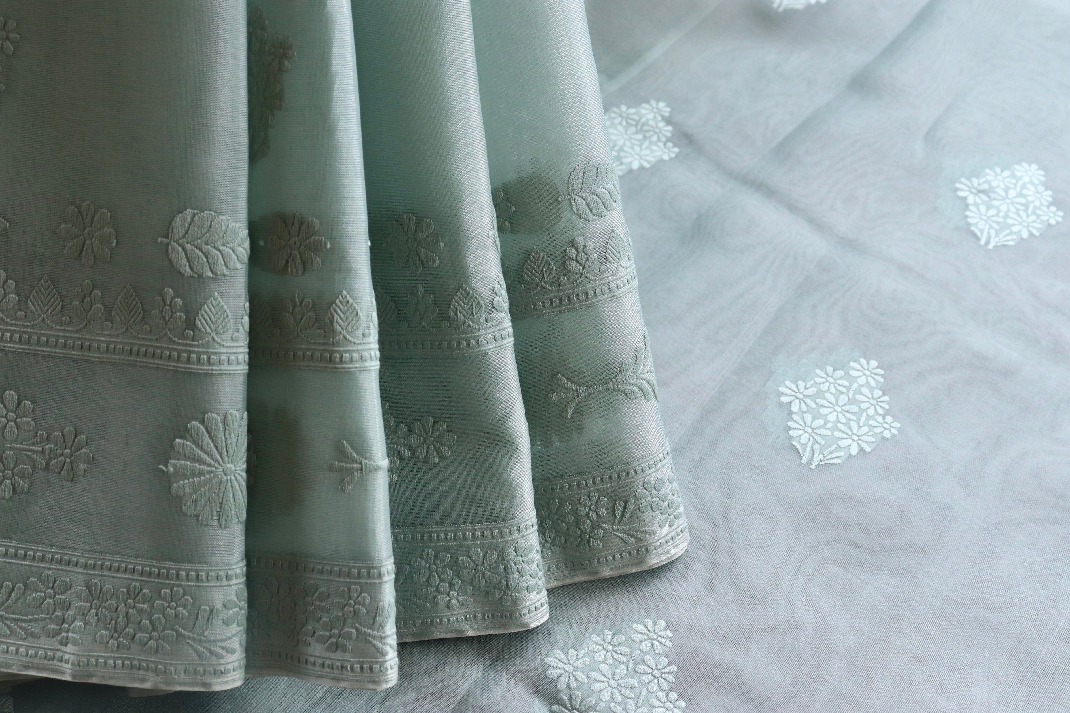 Sky Blue Resham Kadhua Pure Kora Silk Handloom Saree