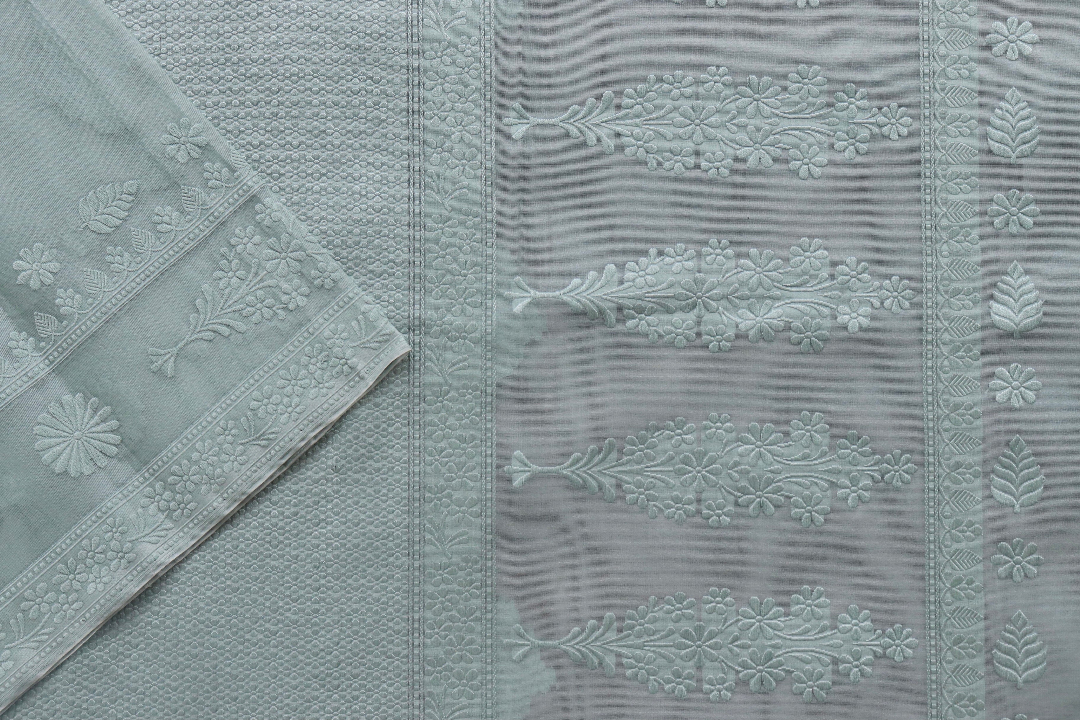 Sky Blue Resham Kadhua Pure Kora Silk Handloom Saree