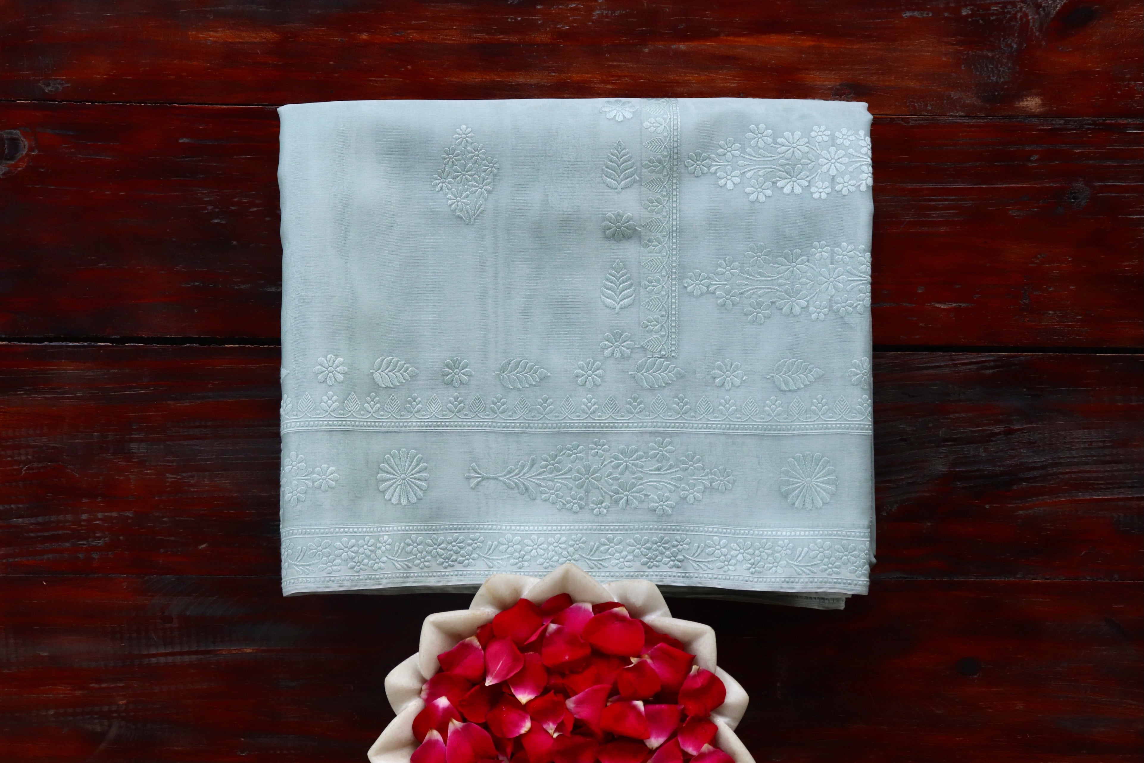 Sky Blue Resham Kadhua Pure Kora Silk Handloom Saree