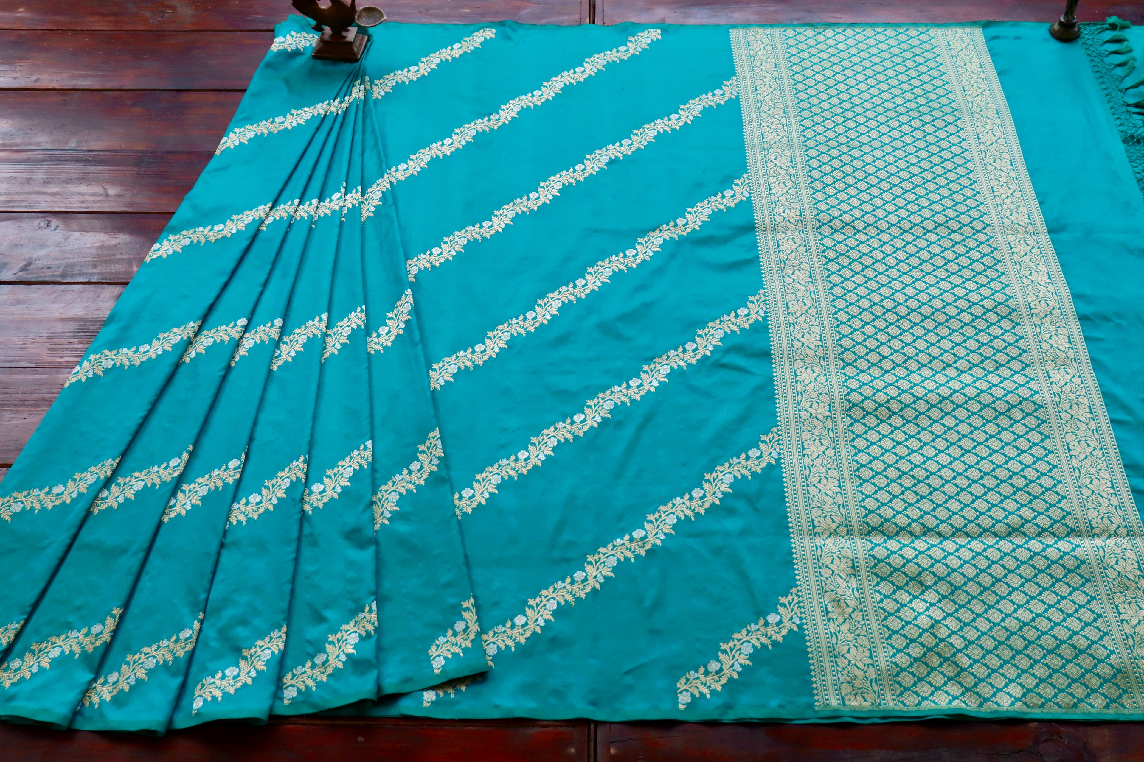 Peacock Blue Aada Jangla Pure Silk Banarasi Saree