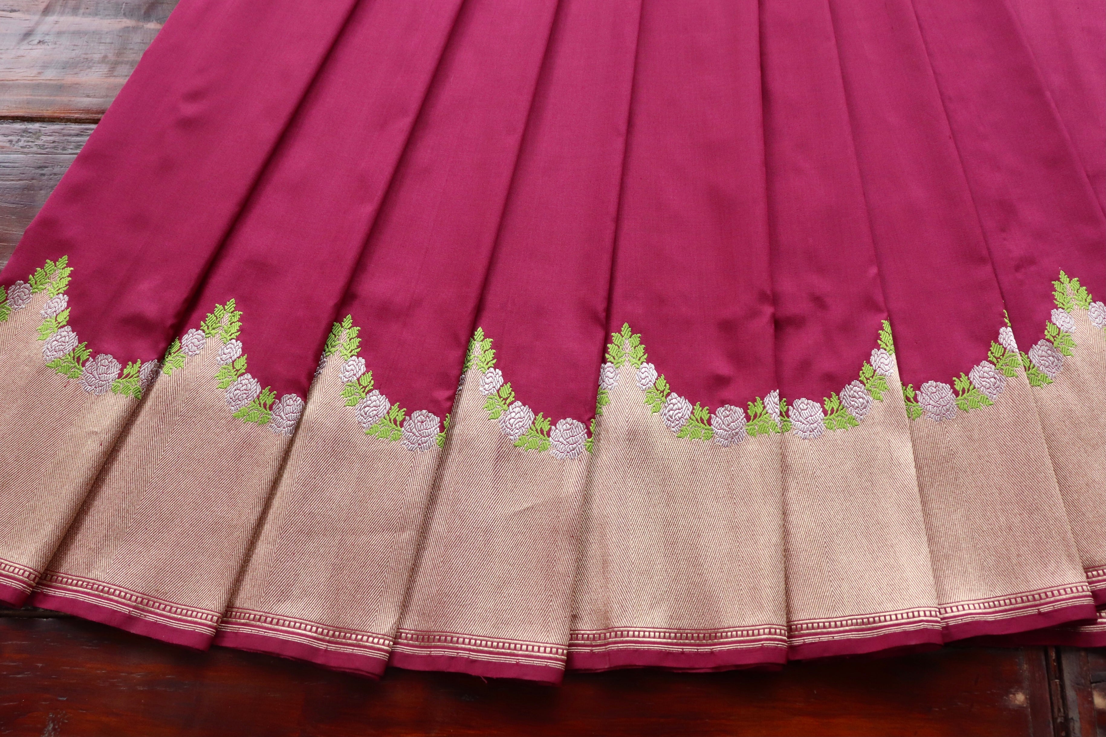 Burgundy Floral Border Pure Silk Handloom Banarasi Saree