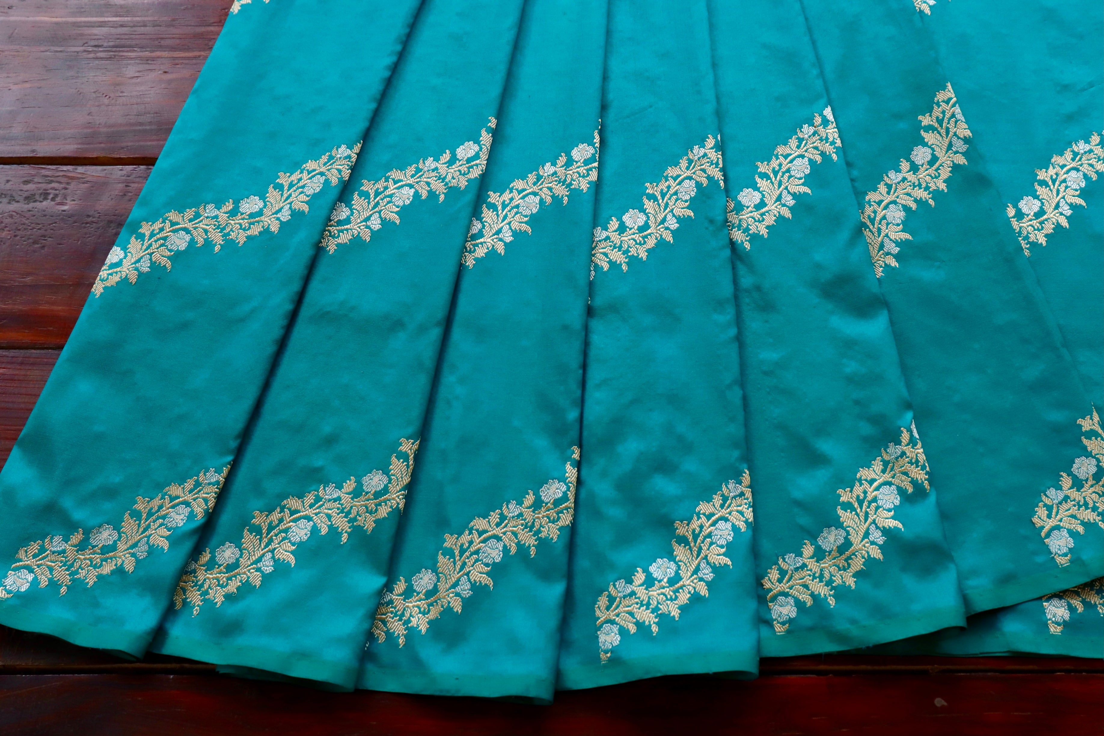 Peacock Blue Aada Jangla Pure Silk Banarasi Saree