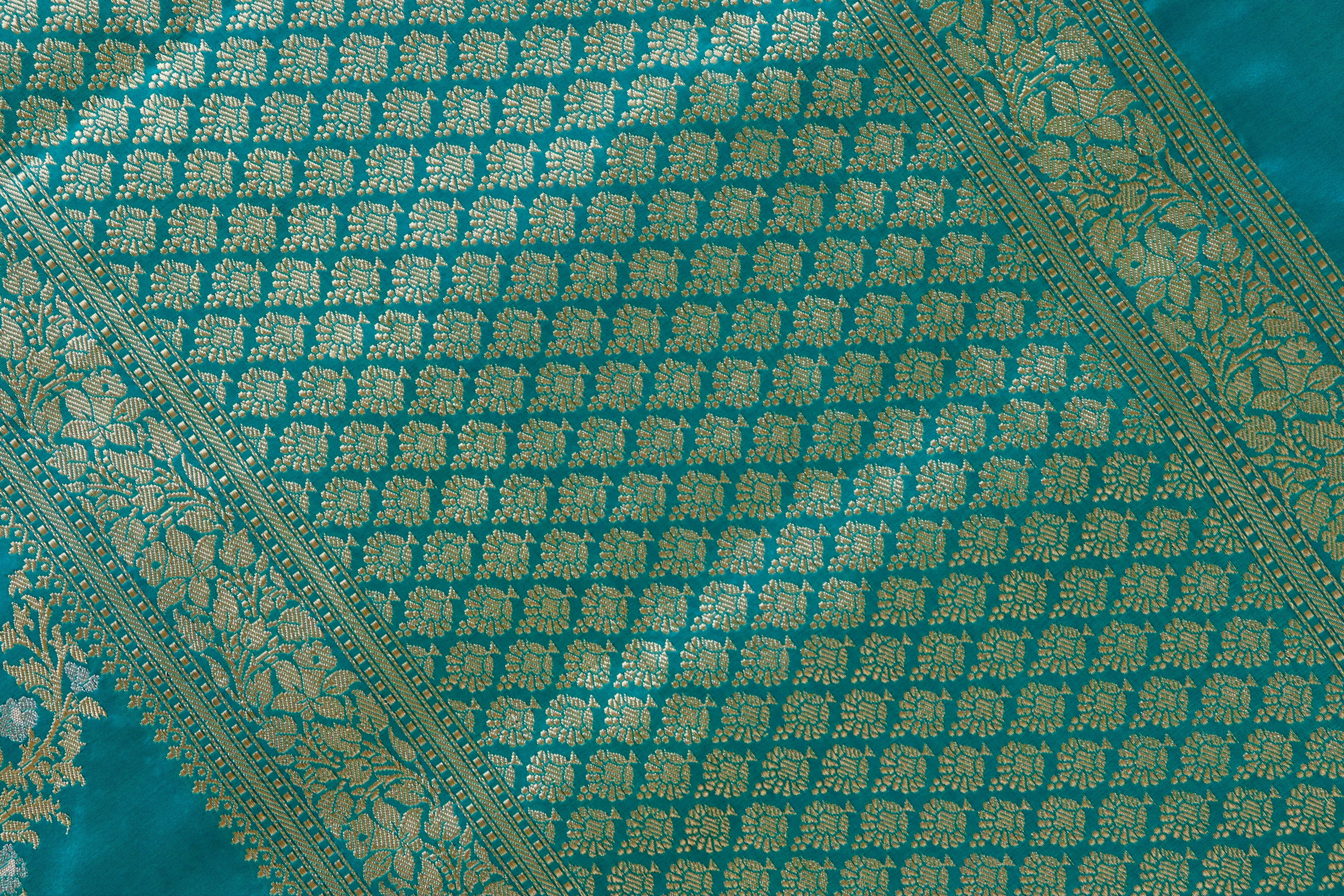 Peacock Blue Aada Jangla Pure Silk Banarasi Saree