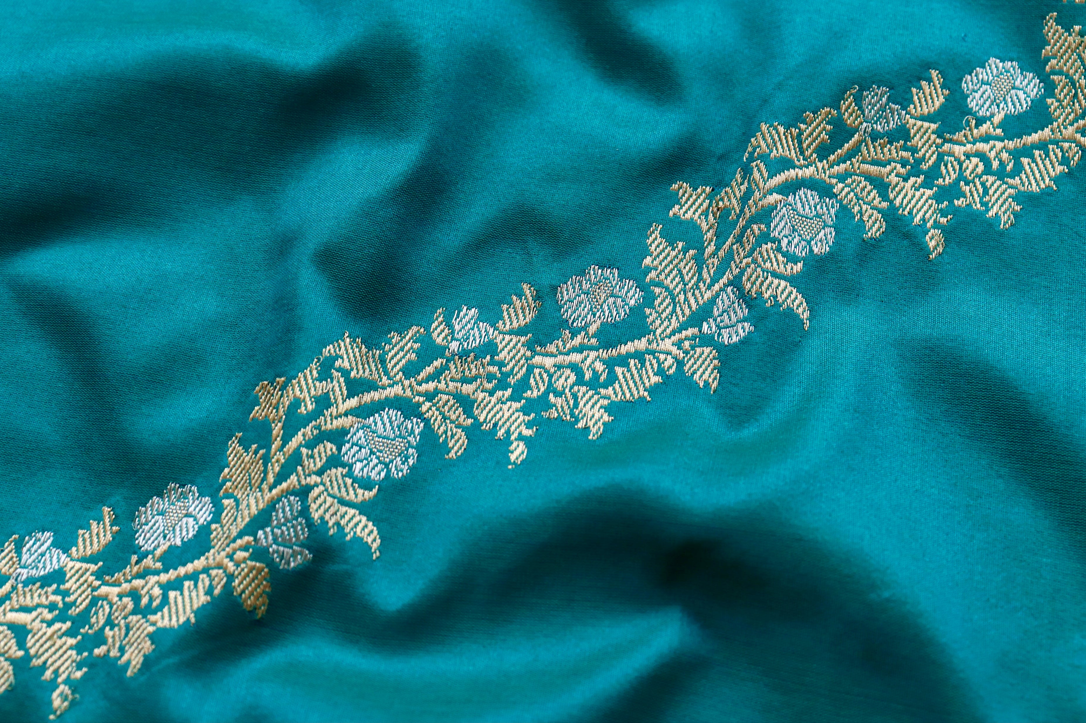 Peacock Blue Aada Jangla Pure Silk Banarasi Saree