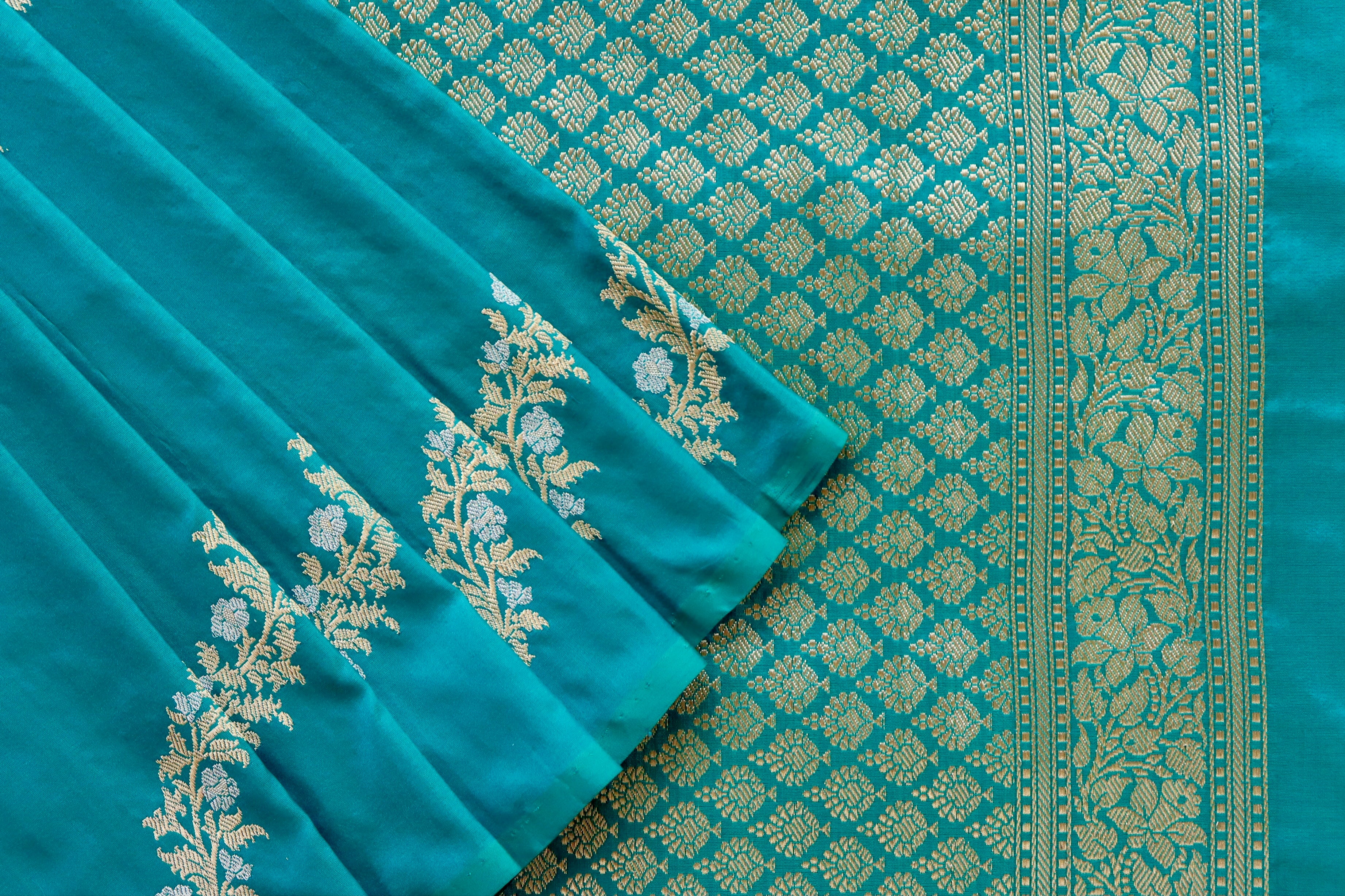 Peacock Blue Aada Jangla Pure Silk Banarasi Saree