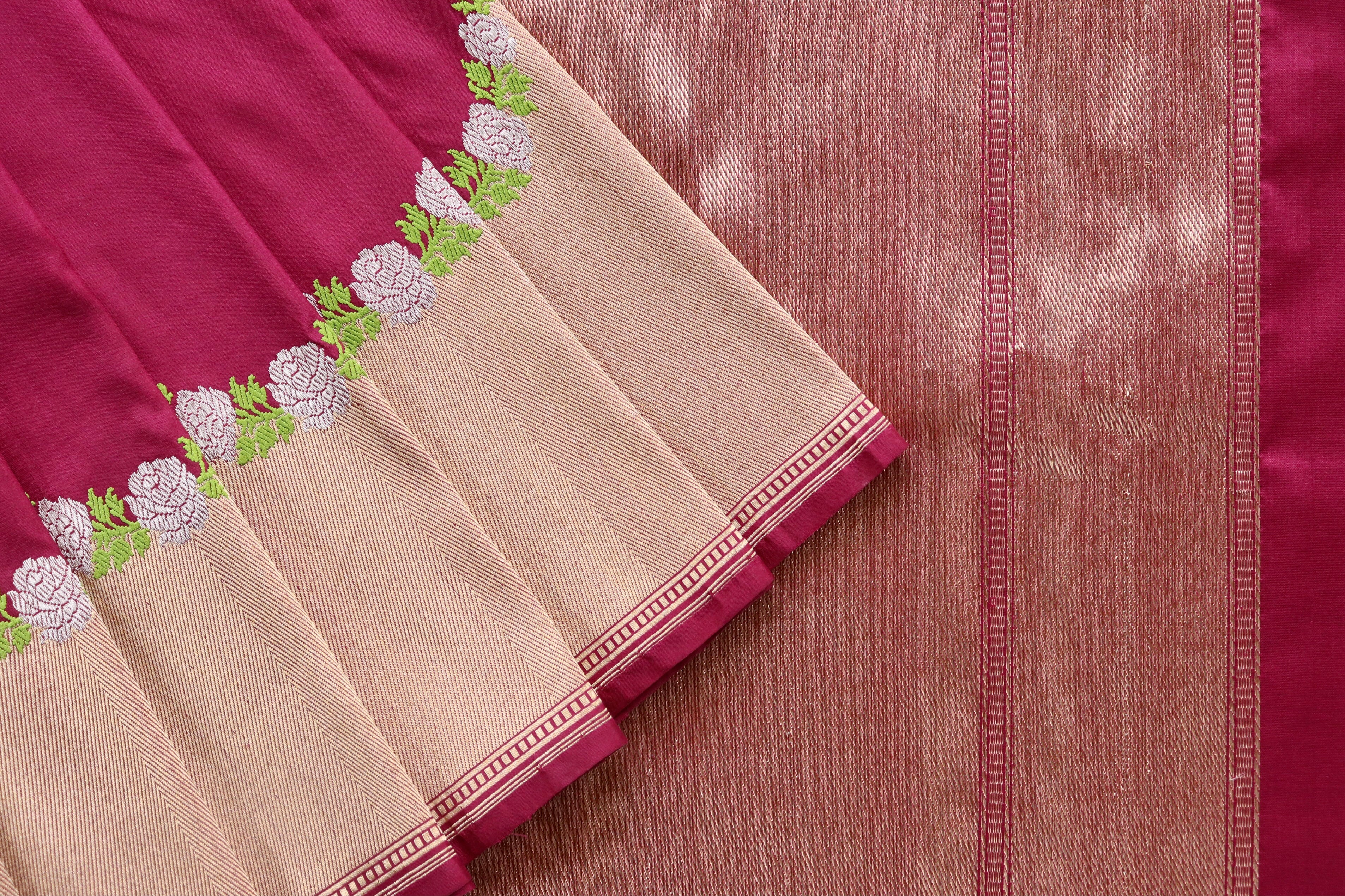 Burgundy Floral Border Pure Silk Handloom Banarasi Saree