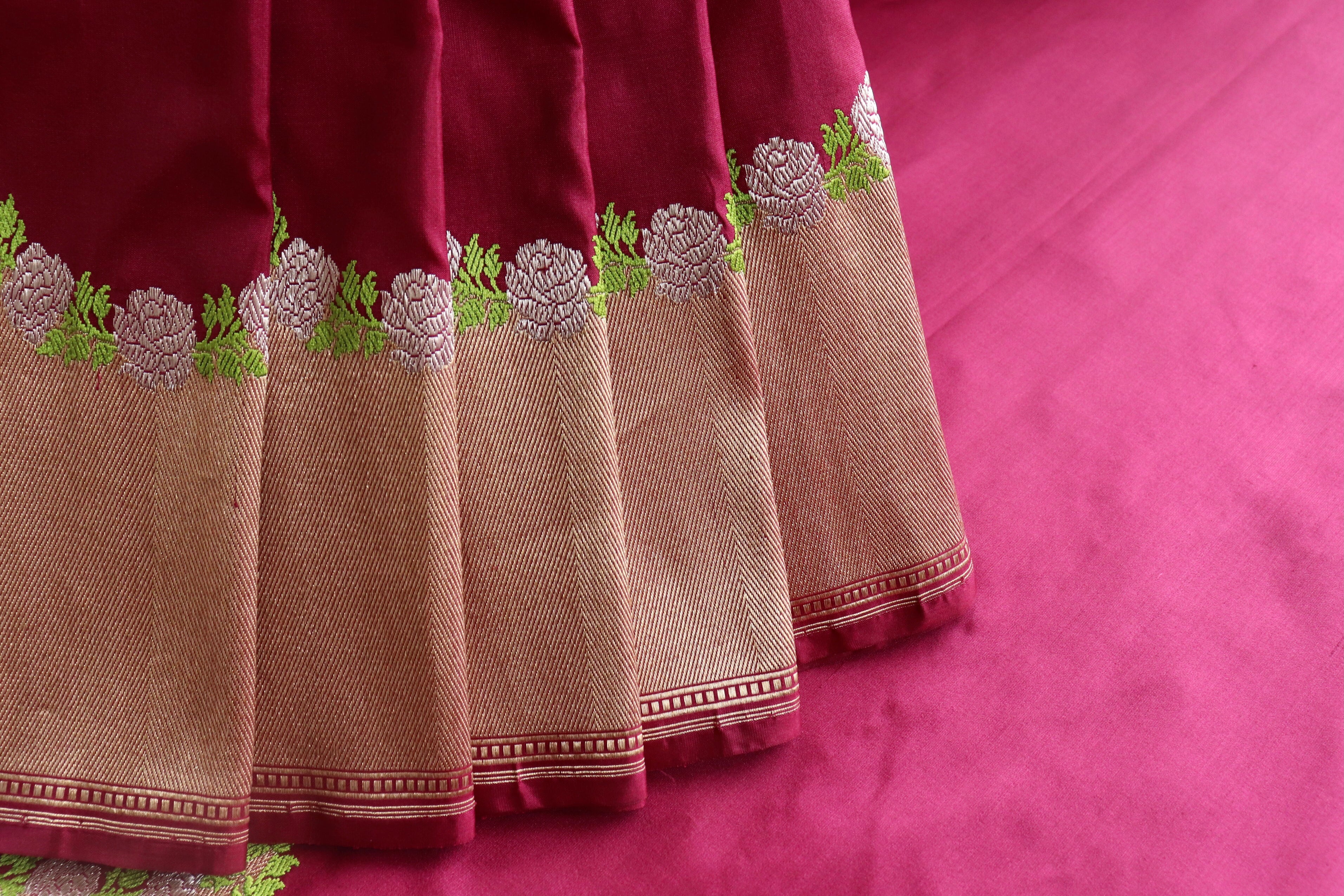 Burgundy Floral Border Pure Silk Handloom Banarasi Saree