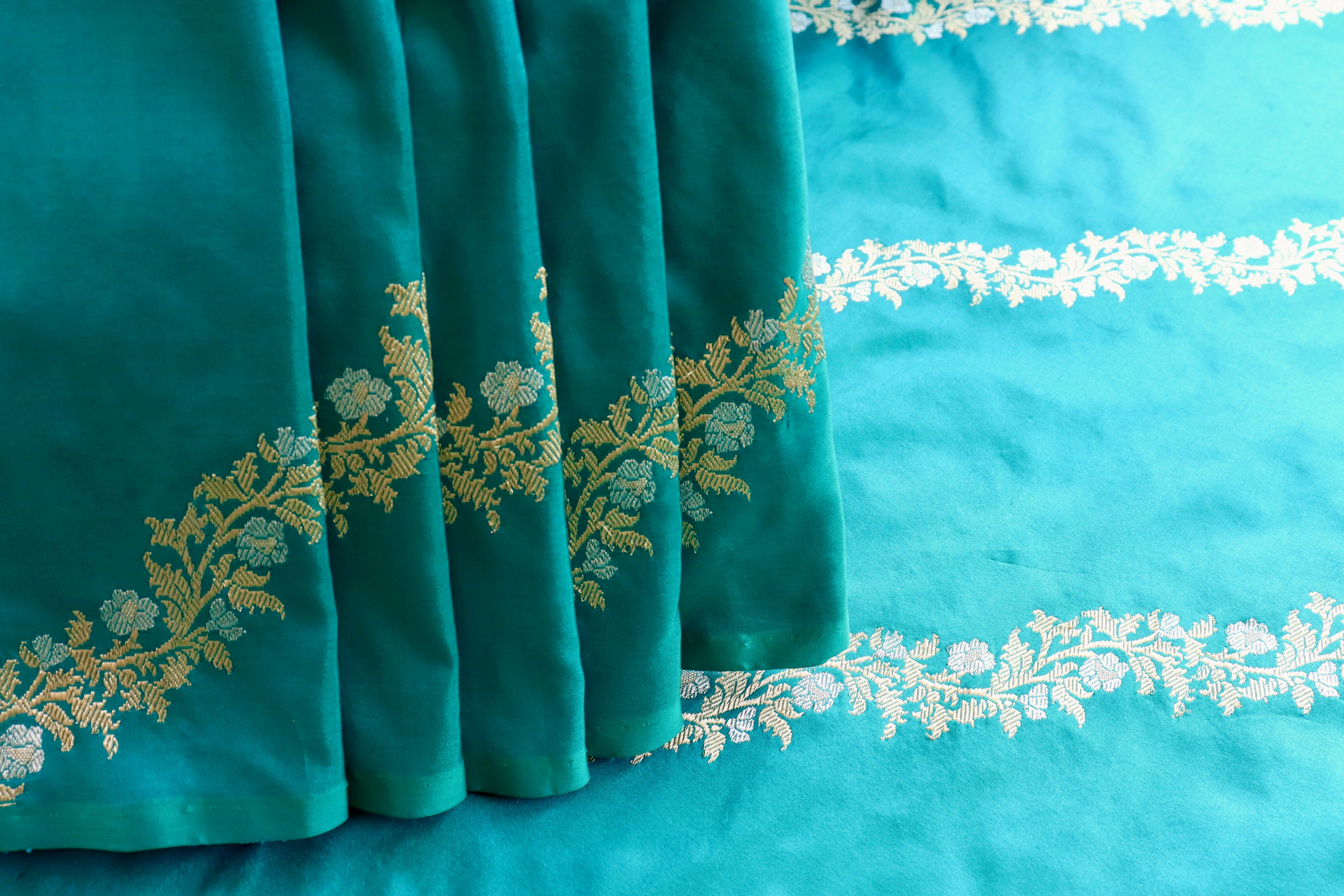 Peacock Blue Aada Jangla Pure Silk Banarasi Saree