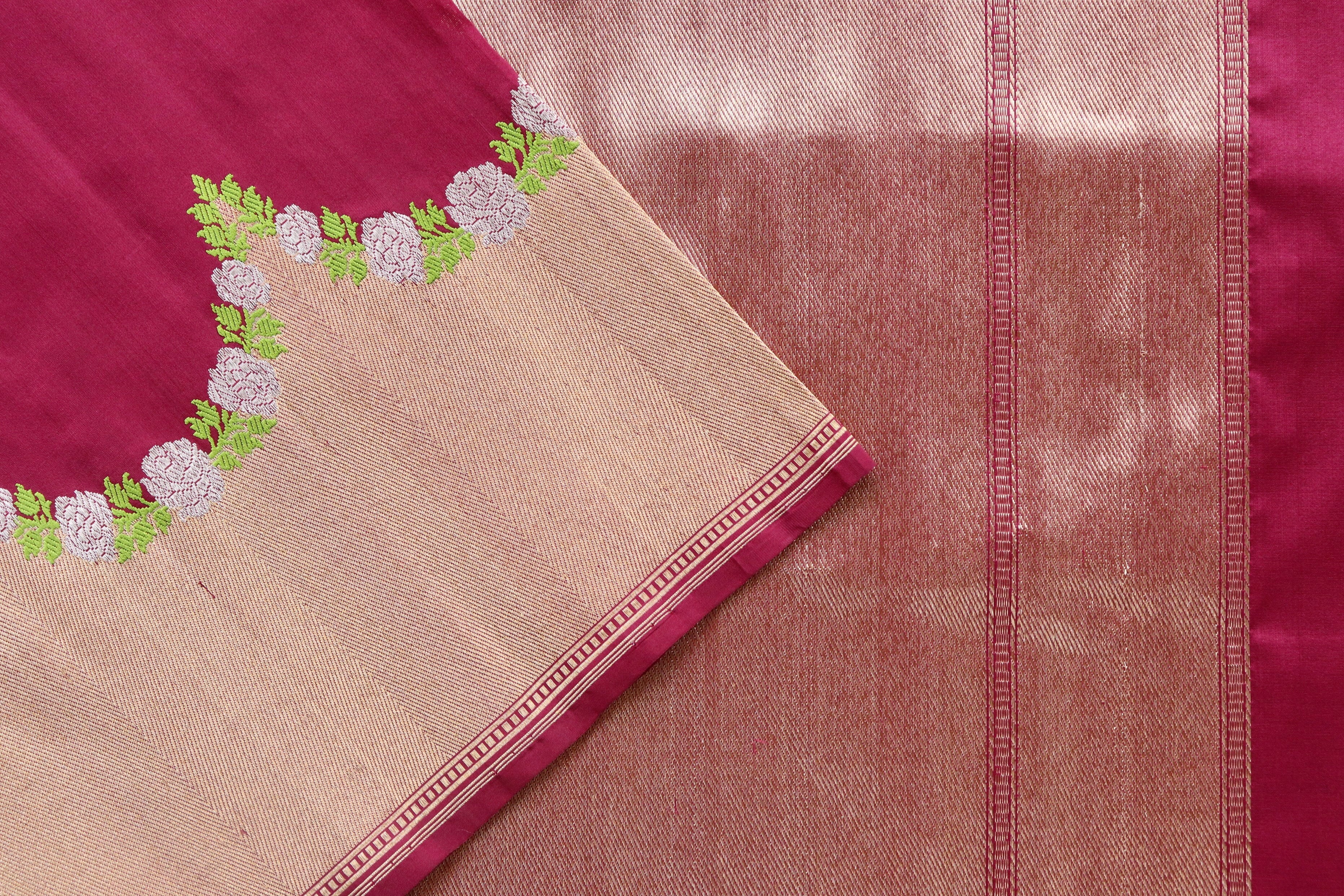 Burgundy Floral Border Pure Silk Handloom Banarasi Saree