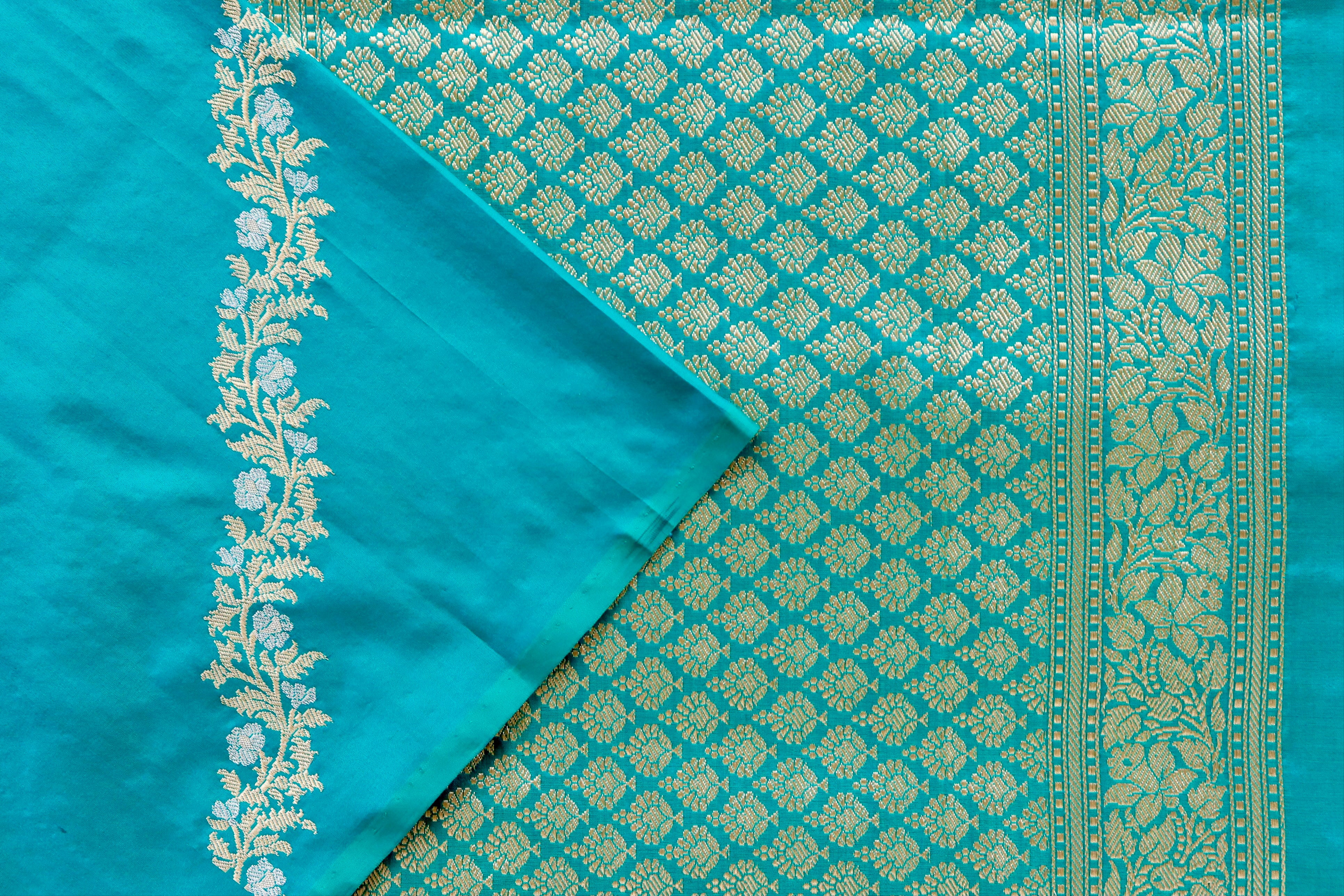 Peacock Blue Aada Jangla Pure Silk Banarasi Saree