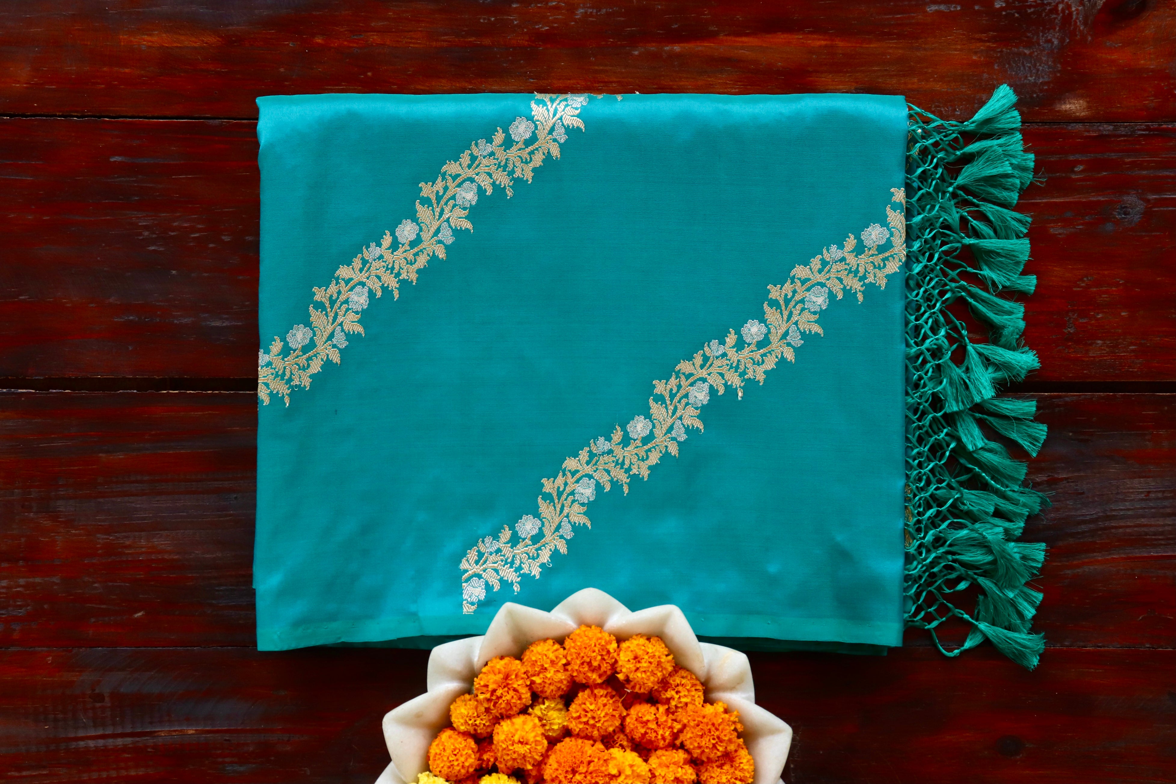 Peacock Blue Aada Jangla Pure Silk Banarasi Saree