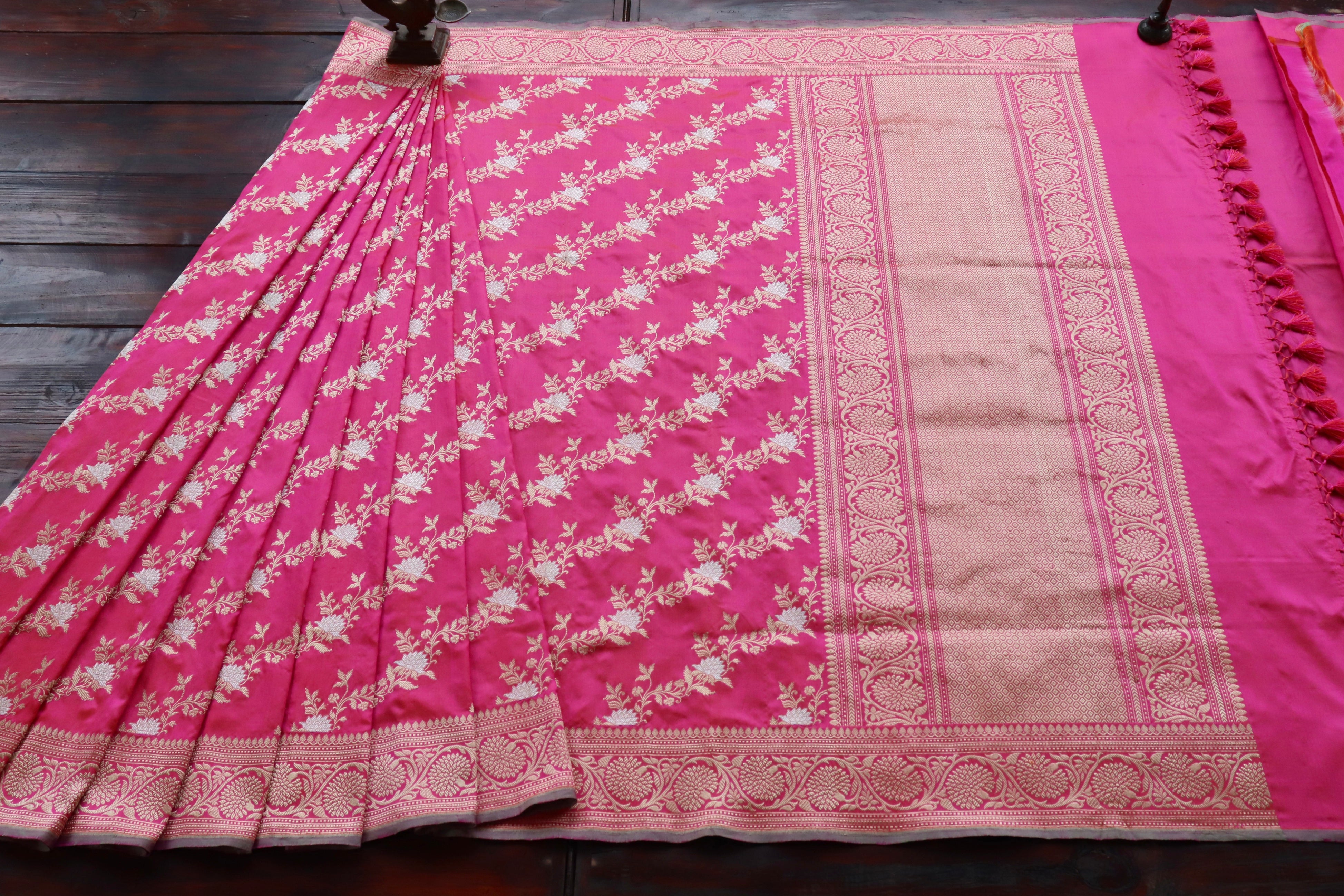 Bright Pink Jamal Jangla Pure Silk Handloom Banarasi Saree