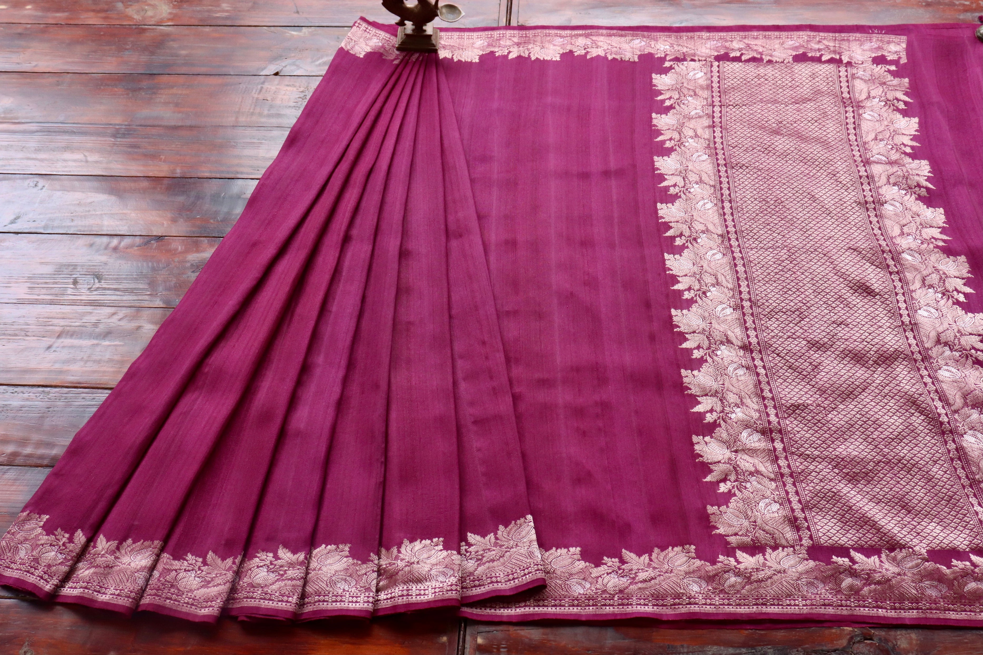 Burgundy Tussar Silk  Handloom Banarasi Saree