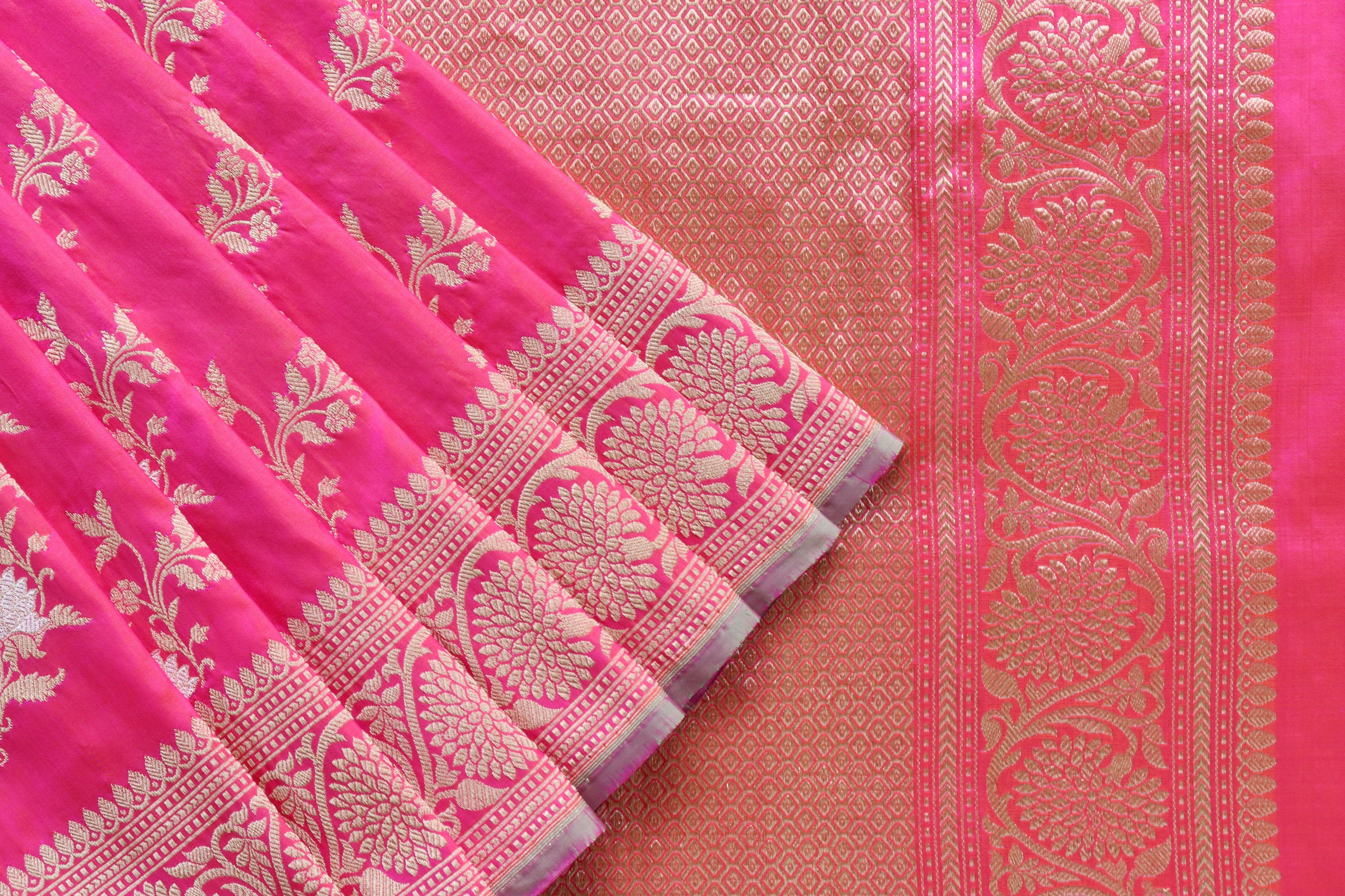 Bright Pink Jamal Jangla Pure Silk Handloom Banarasi Saree