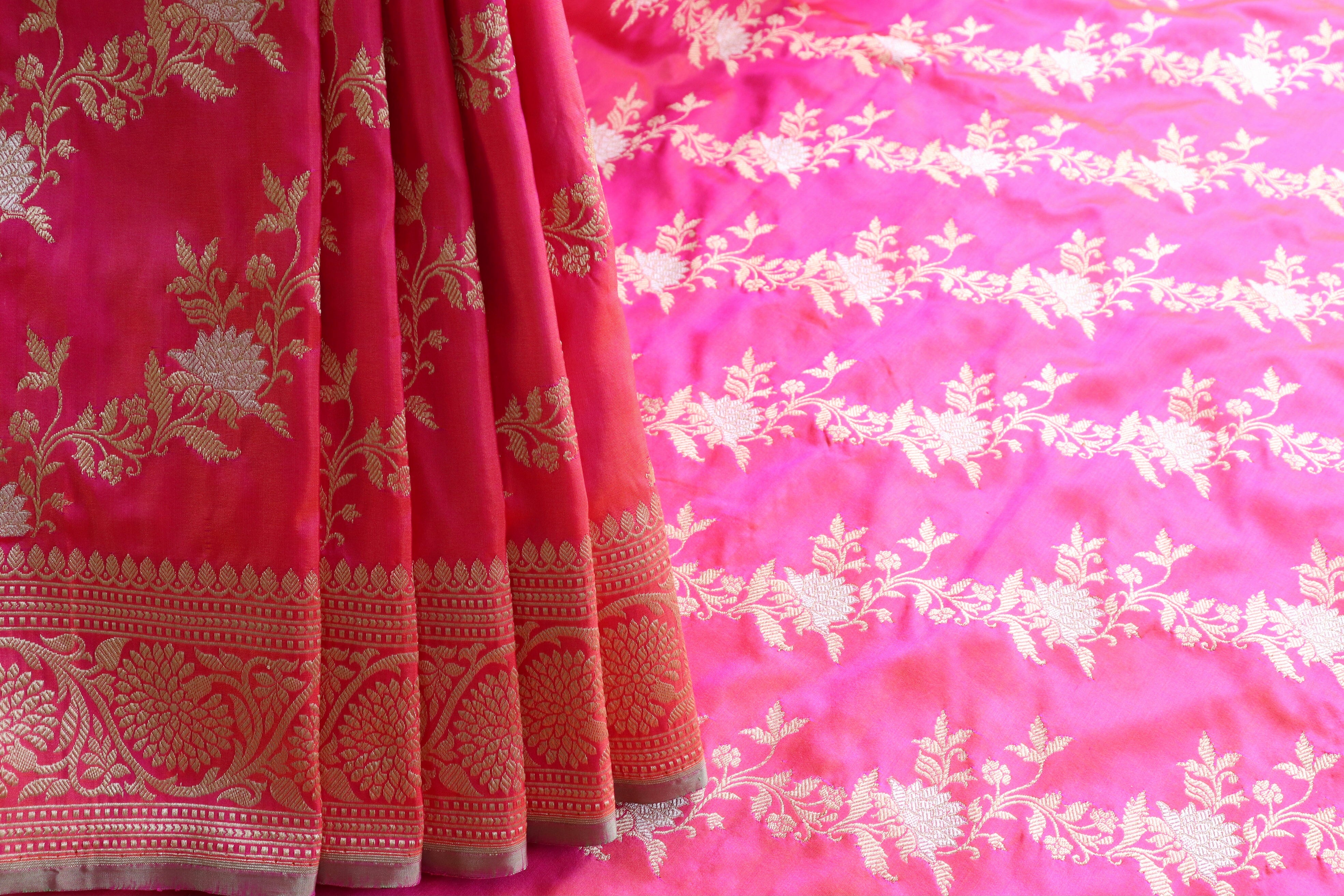 Bright Pink Jamal Jangla Pure Silk Handloom Banarasi Saree