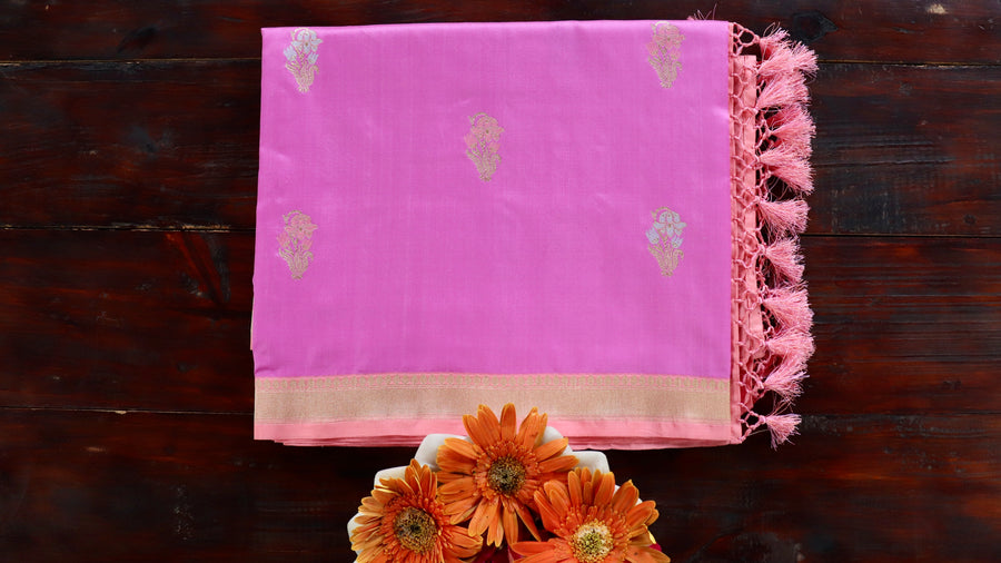 Pink handloom Banarsi saree with meenadar motifs in pure silk