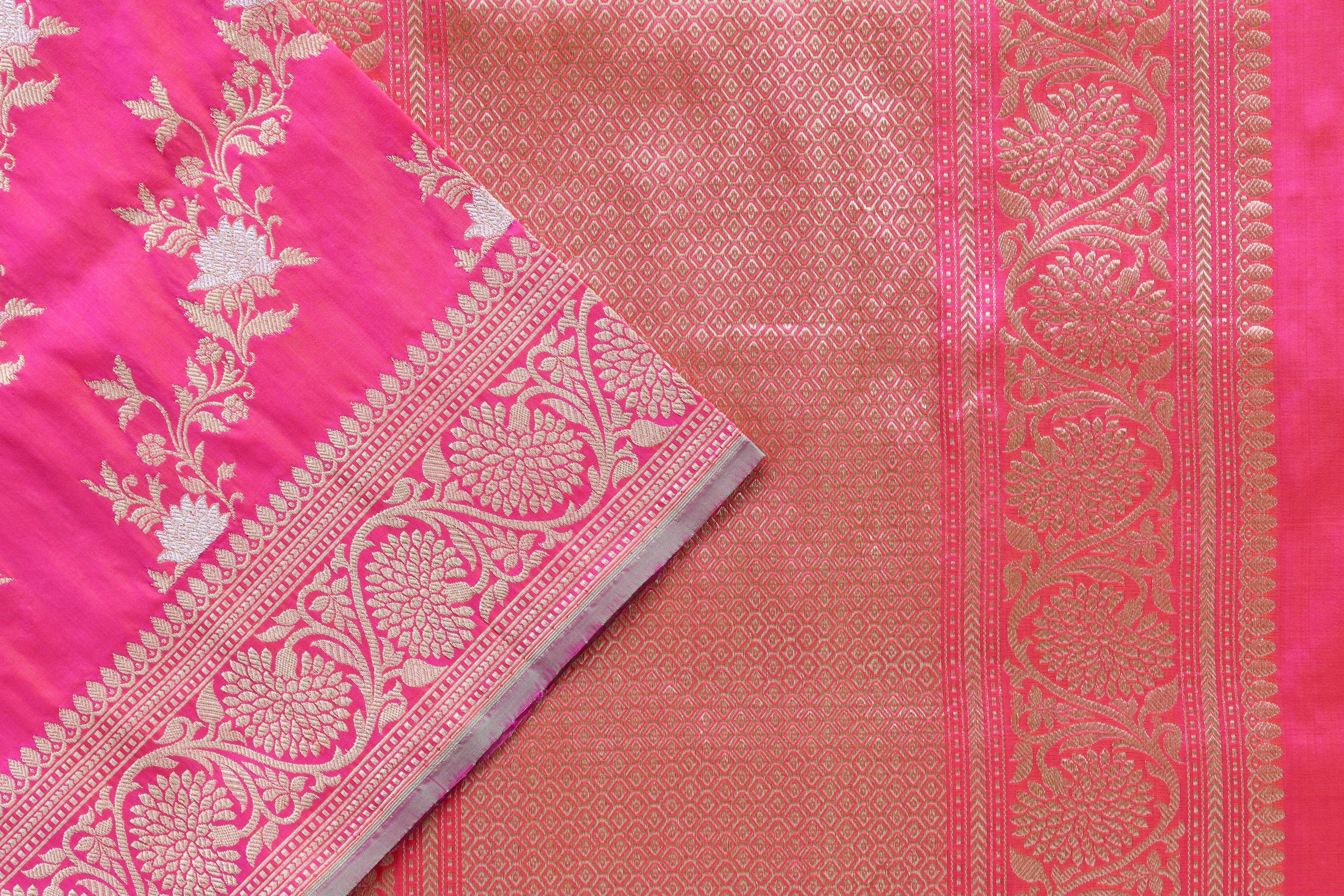 Bright Pink Jamal Jangla Pure Silk Handloom Banarasi Saree