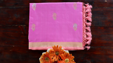 Pink handloom Banarsi saree with meenadar motifs in pure silk